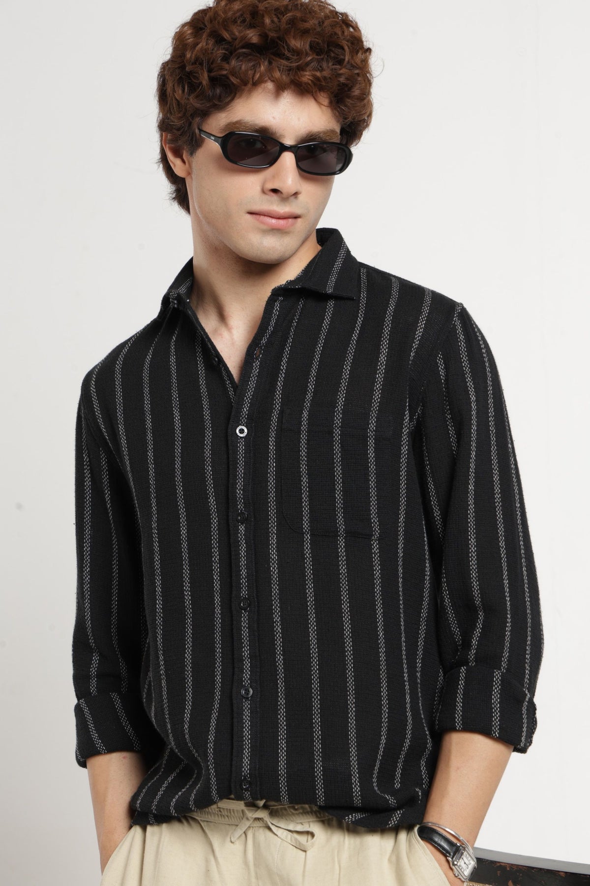 Spread Collar Self Dobby Stripe Shirt In Black