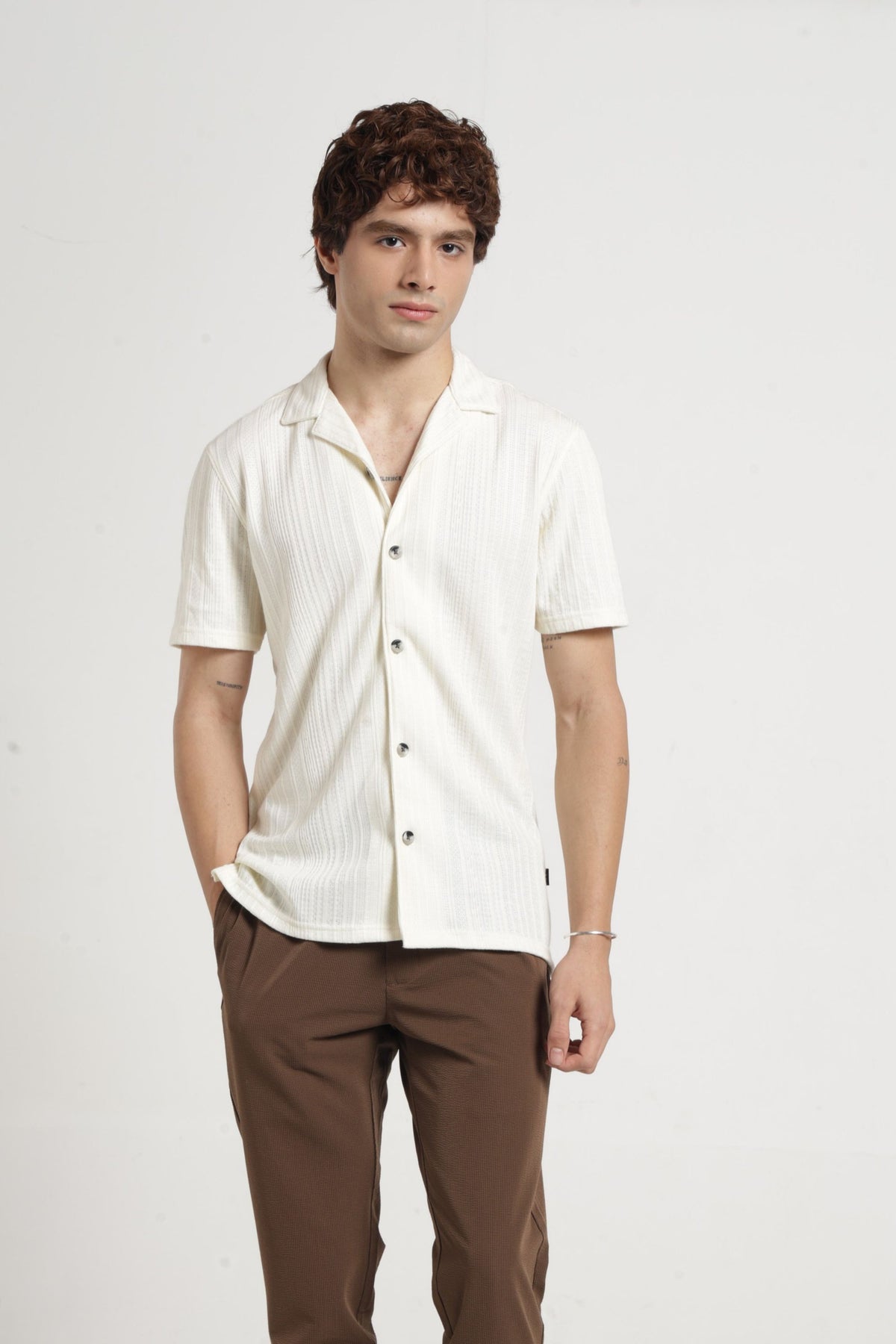 Cuban Collar Half sleeves Jacquard Knit Solid Shirt In Offwhite