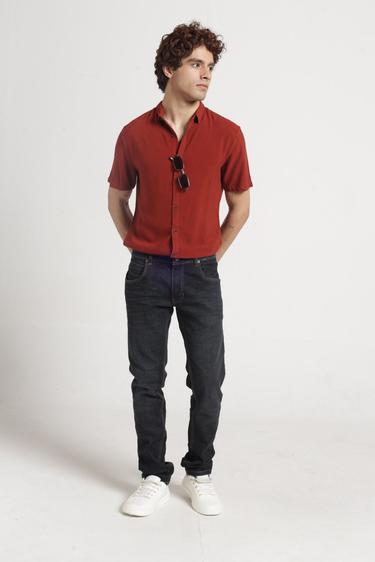Regular Collar Half Sleeves Solid Shirt in Brown