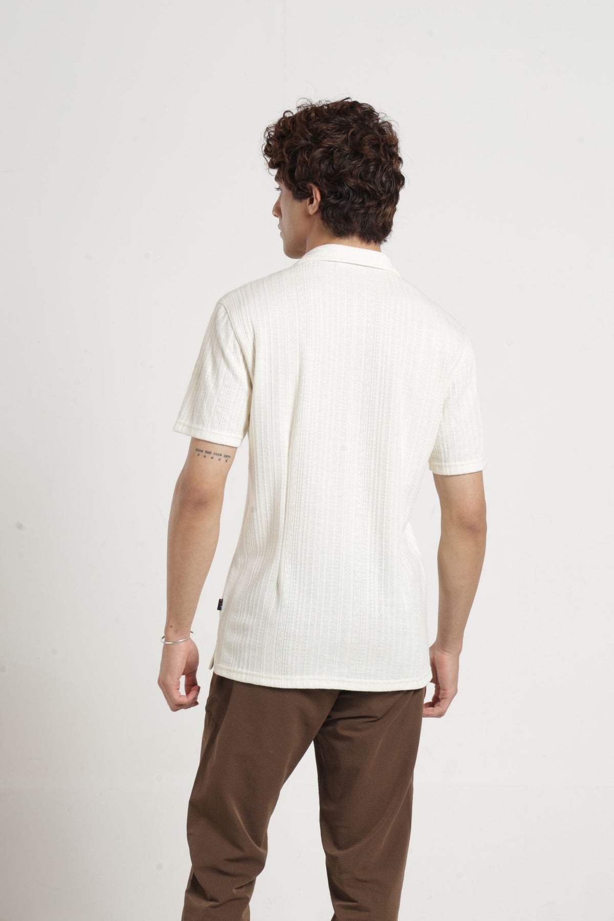 Cuban Collar Half sleeves Jacquard Knit Solid Shirt In Offwhite