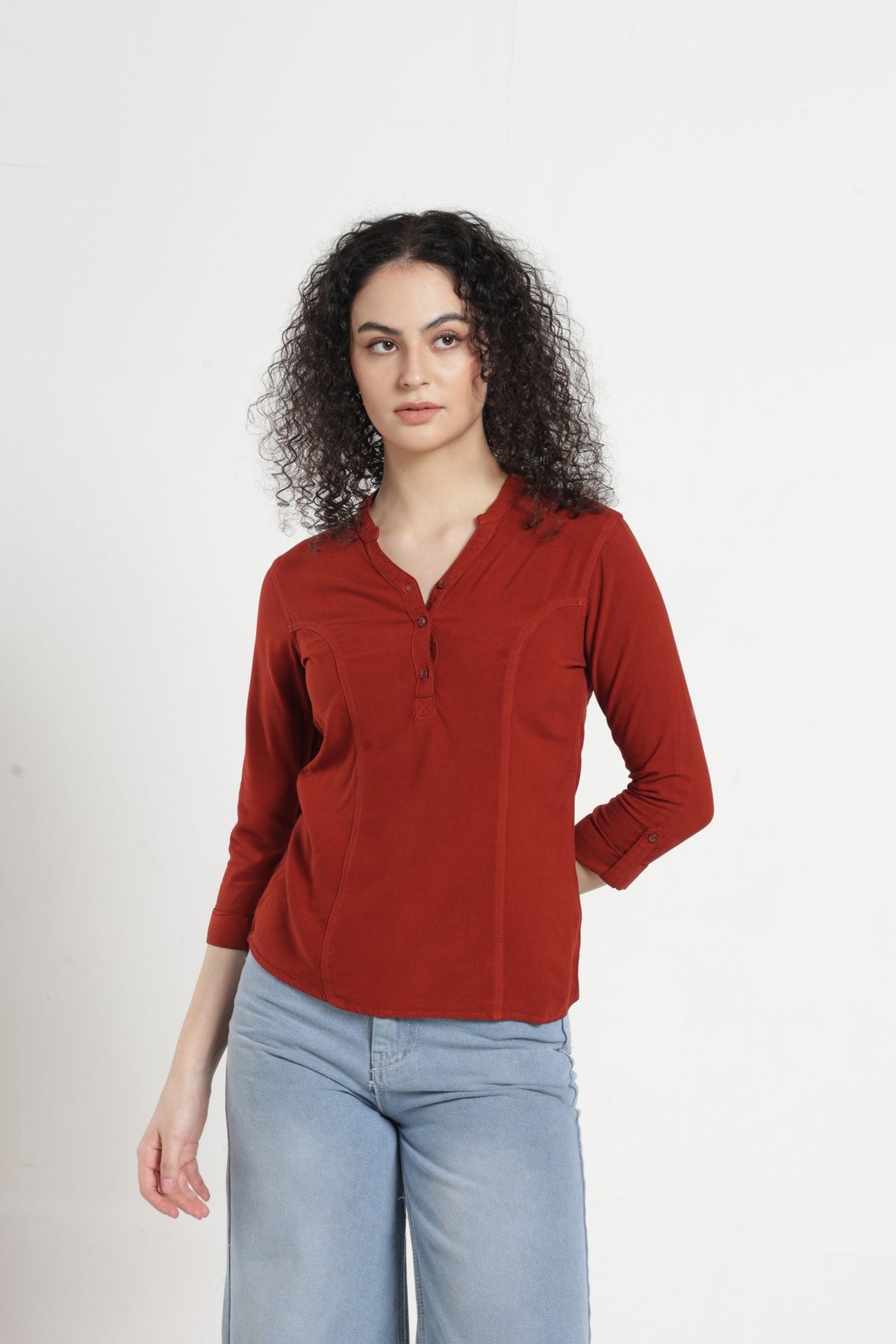 Women Solid Indo-Western Casual Shirt - Light brown
