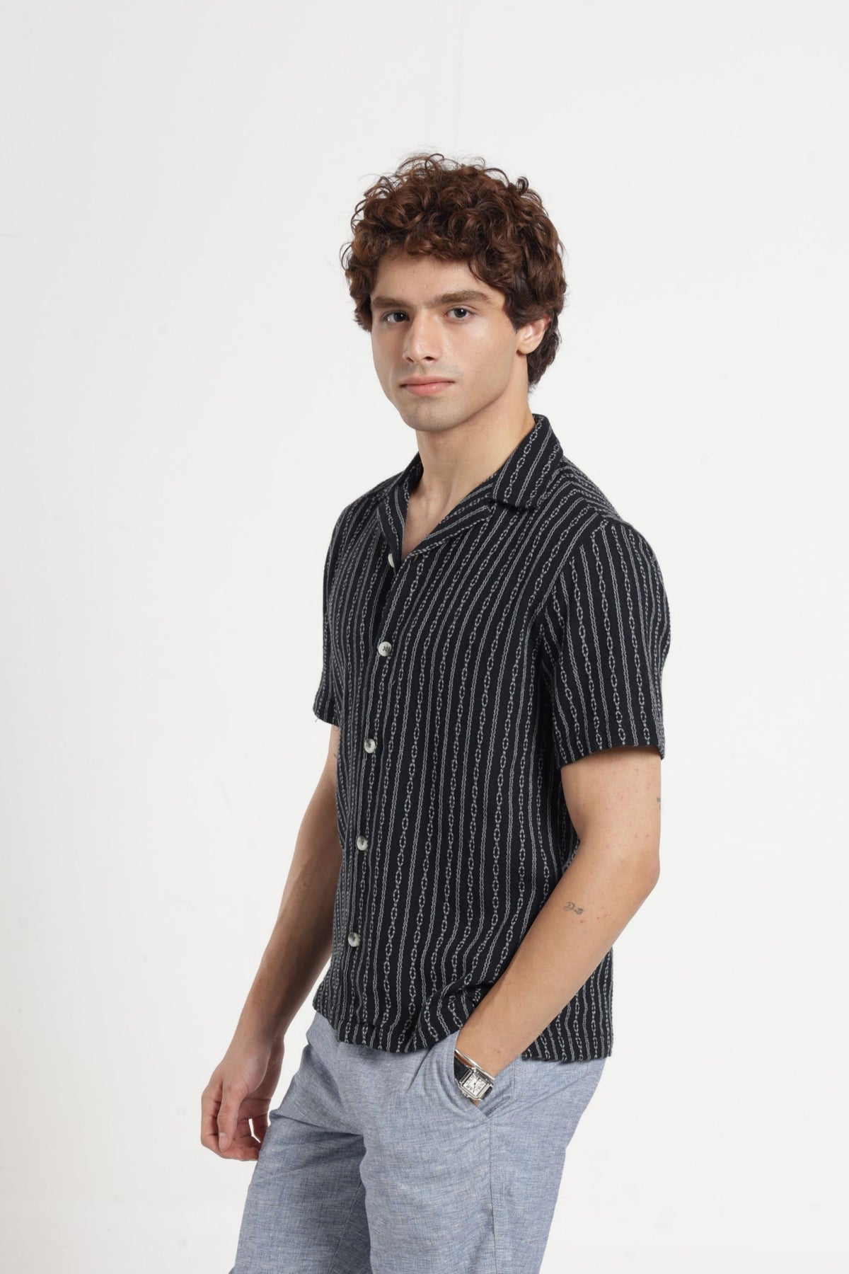 Cable Textured Dobby Cuban Collar Shirt in Black