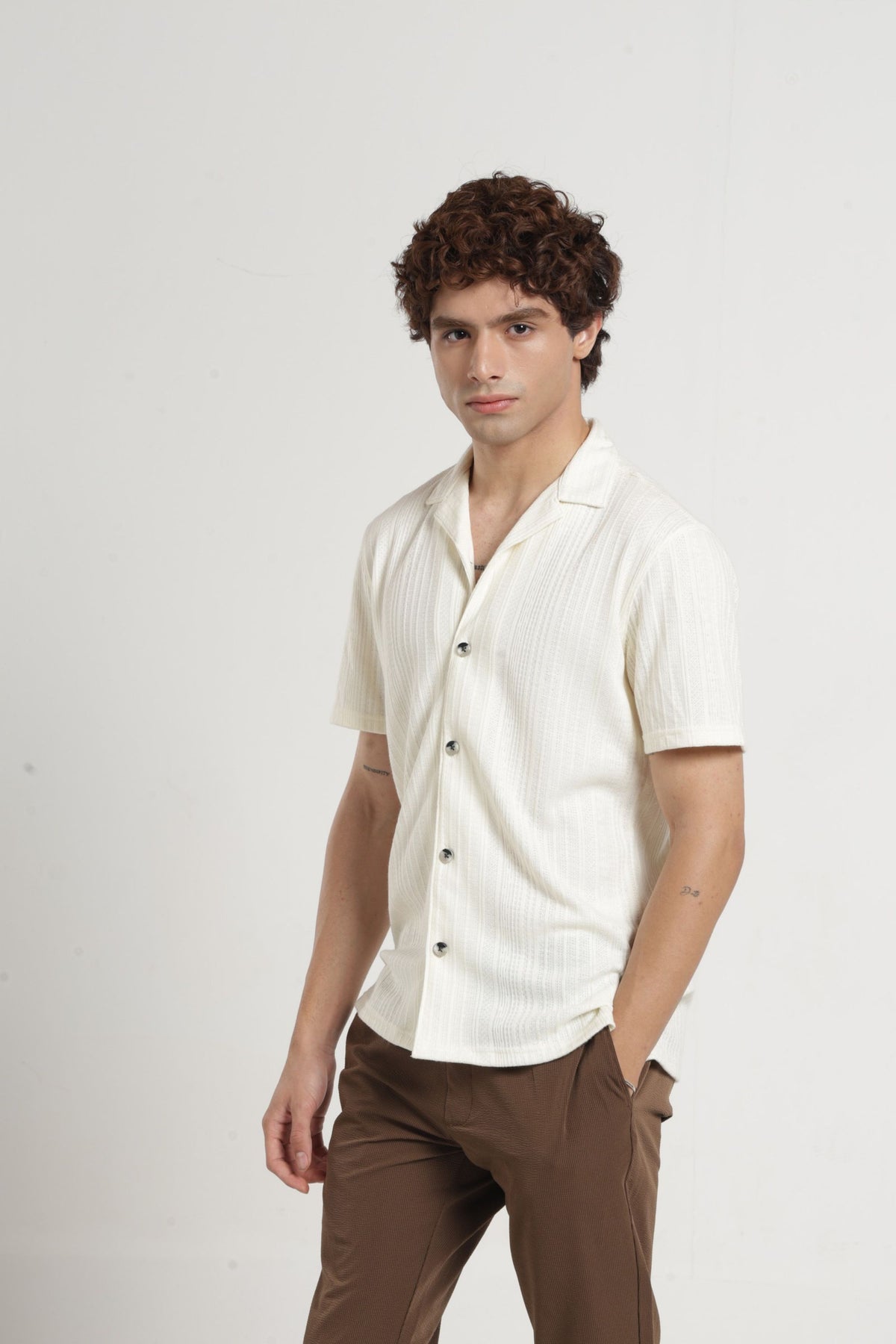 Cuban Collar Half sleeves Jacquard Knit Solid Shirt In Offwhite