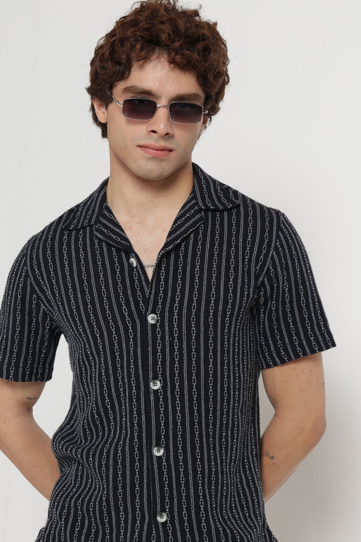 Cable Textured Dobby Cuban Collar Shirt in Black