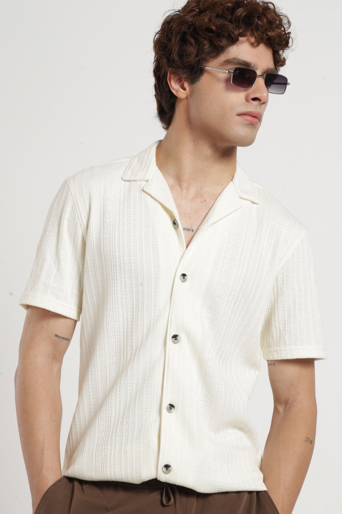 Cuban Collar Half sleeves Jacquard Knit Solid Shirt In Offwhite