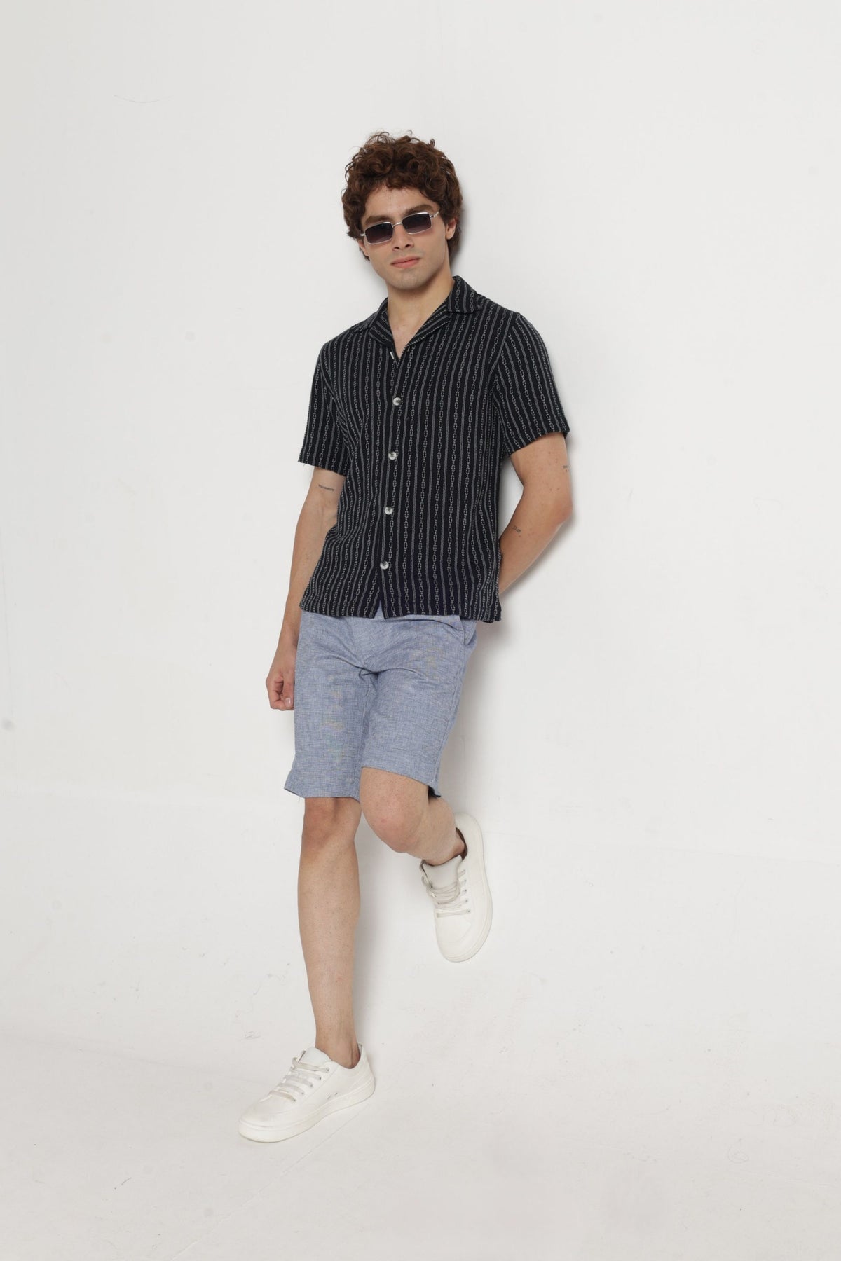 Cable Textured Dobby Cuban Collar Shirt in Black