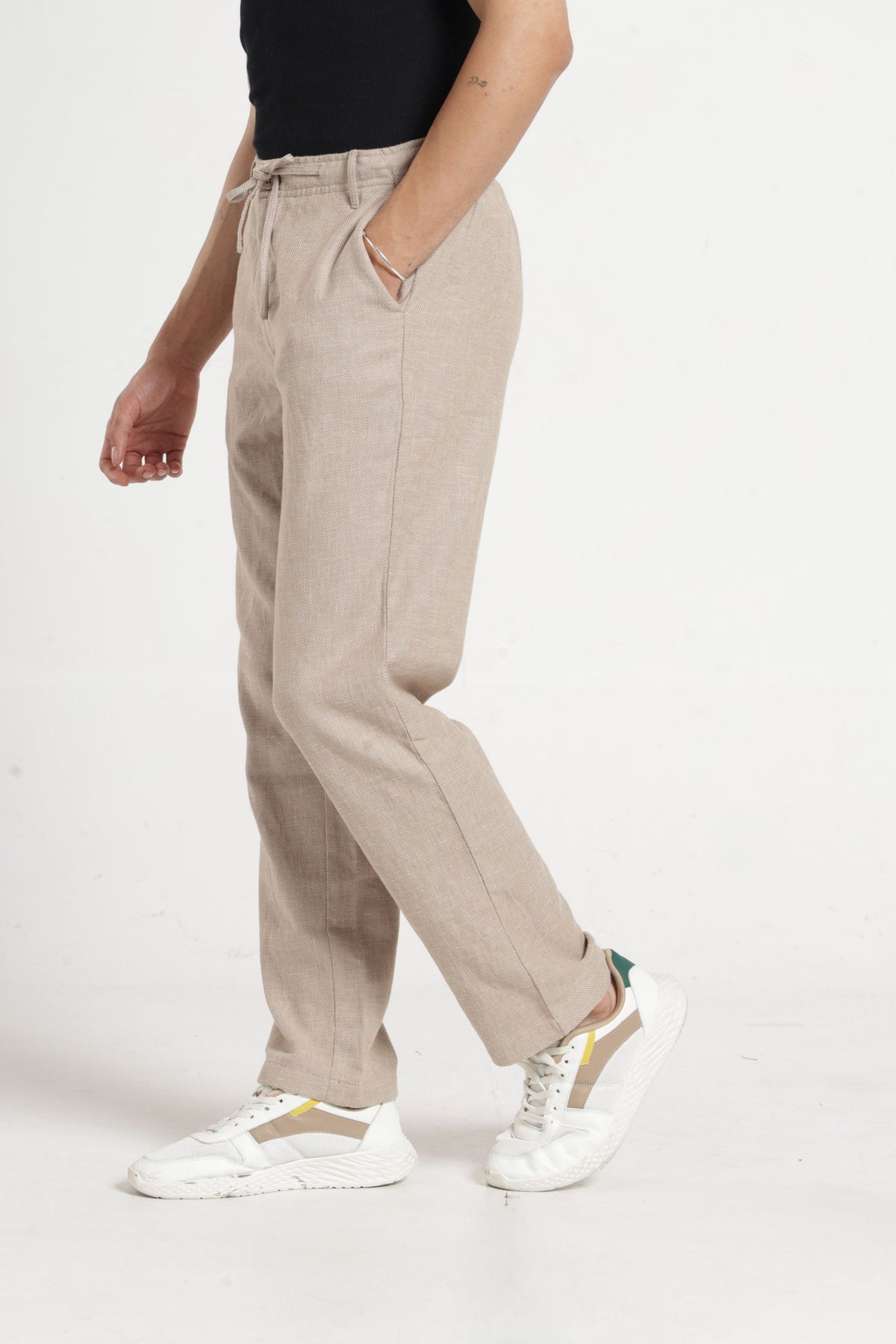 IDENTITI Men Relaxed Fit Non Denim Solid Trouser In Beige