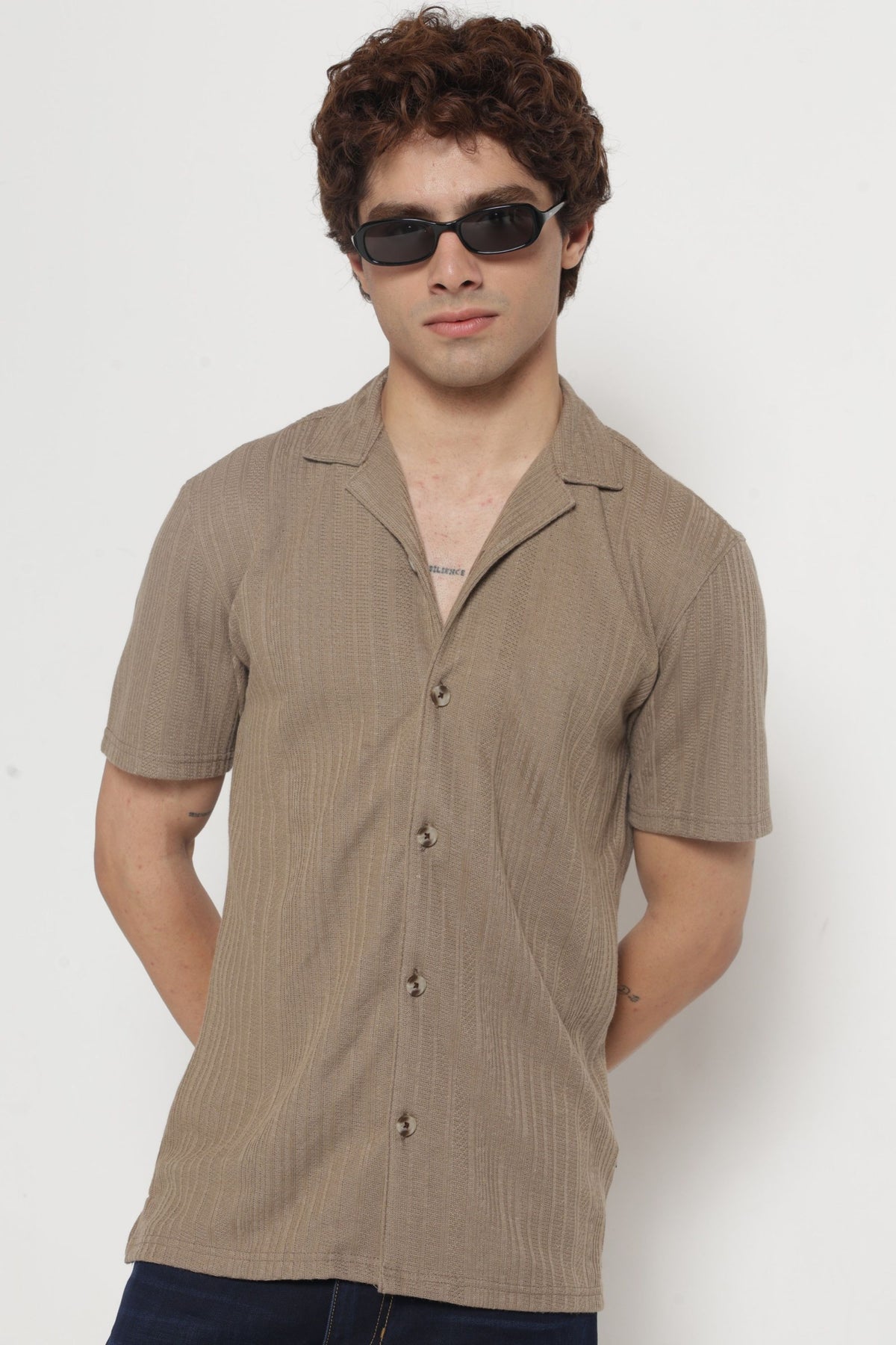 Cuban Collar Half sleeves Jacquard Knit Solid Shirt In Khaki