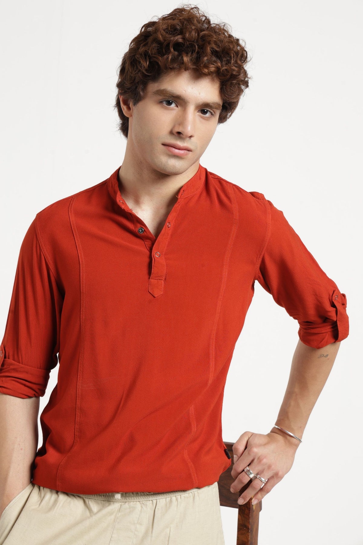Mandarin Collar Half placket Solid Shirt/Kurta in Mineral red