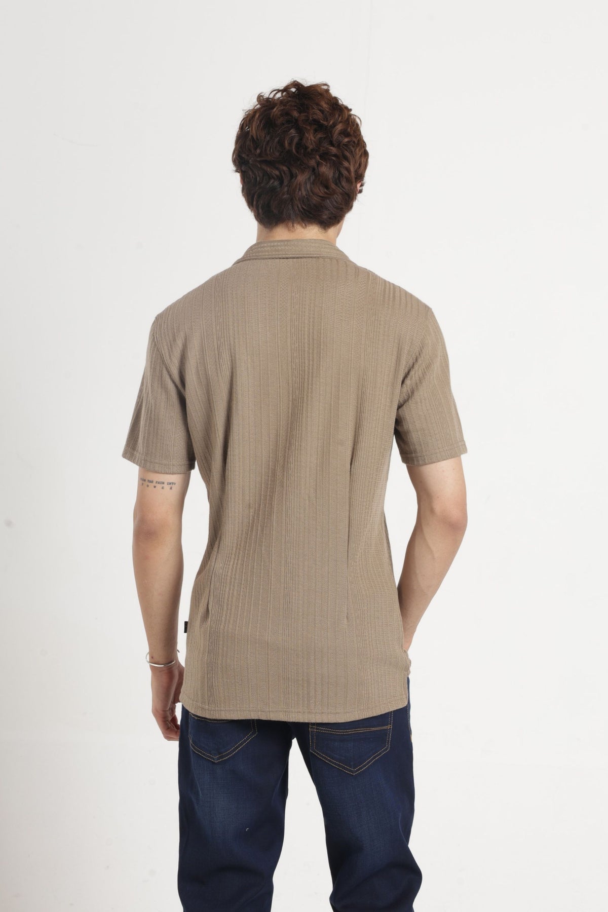 Cuban Collar Half sleeves Jacquard Knit Solid Shirt In Khaki
