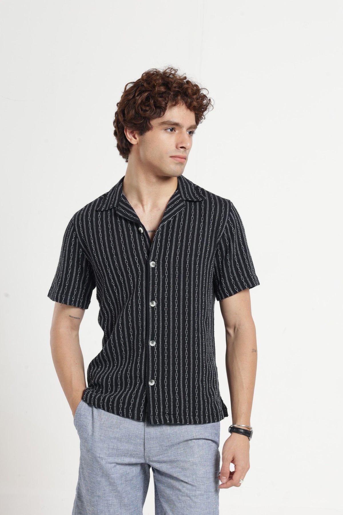 Cable Textured Dobby Cuban Collar Shirt in Black