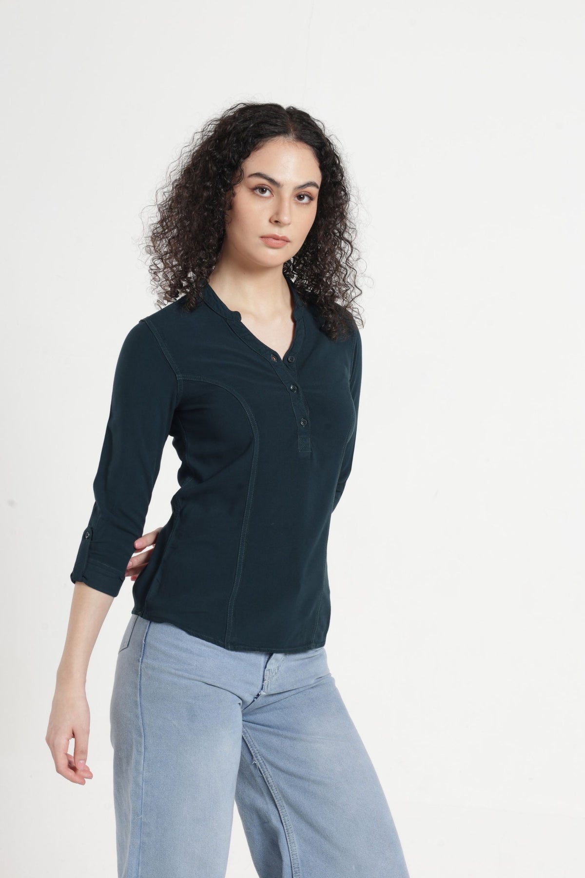 Women Solid Indo-Western Casual Shirt -Bottle green