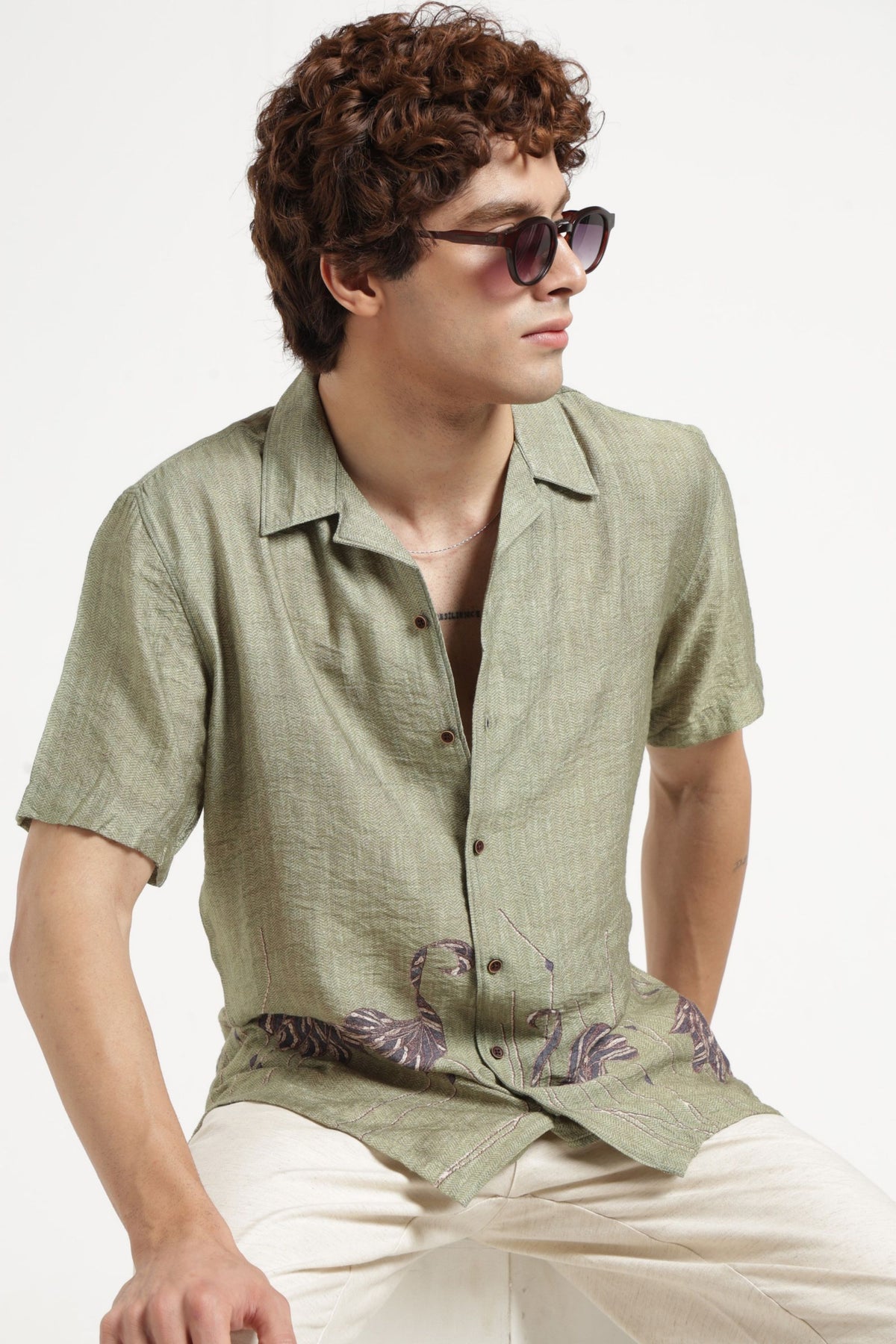Swan Print Cuban Collar Shirt In Green