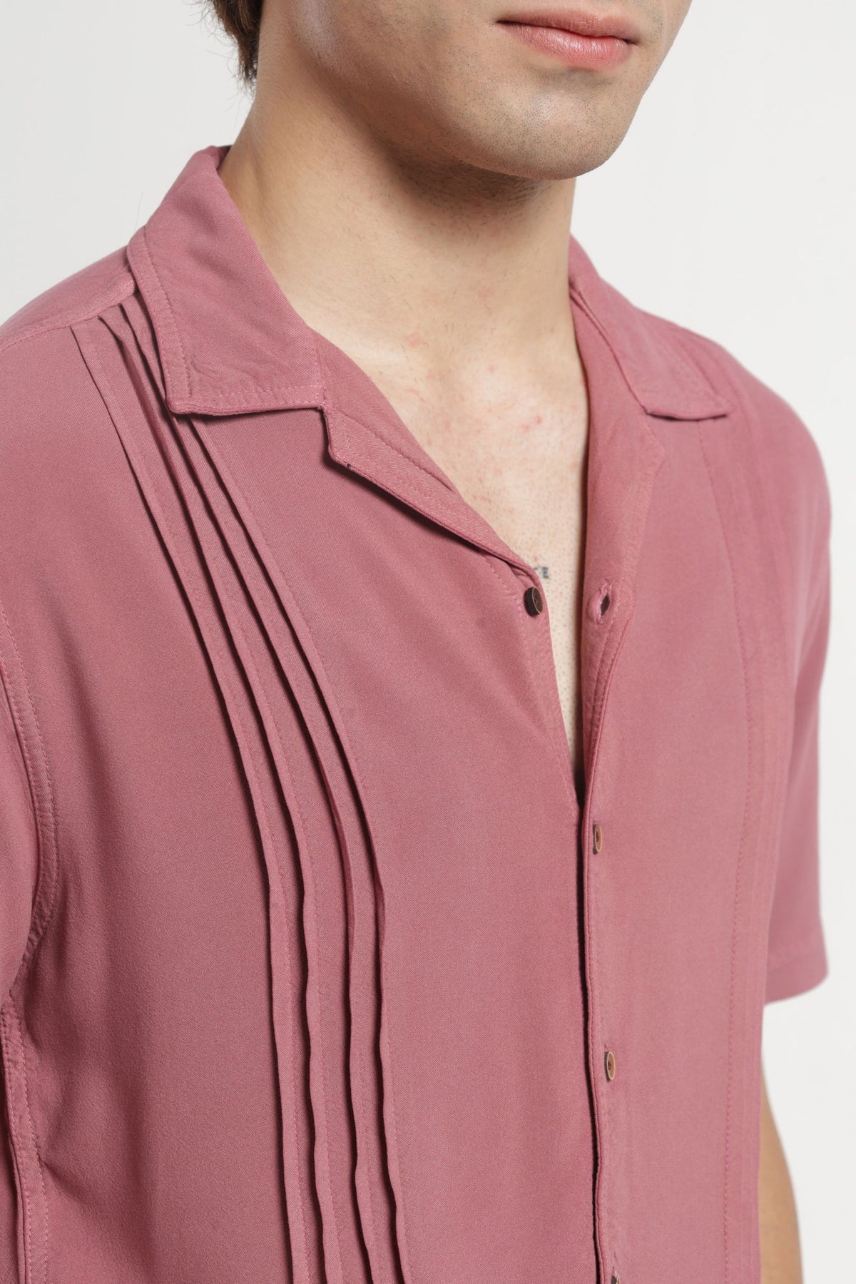 Cuban Collar Half sleeves Pintuck Flanking Solid Shirt In Peach