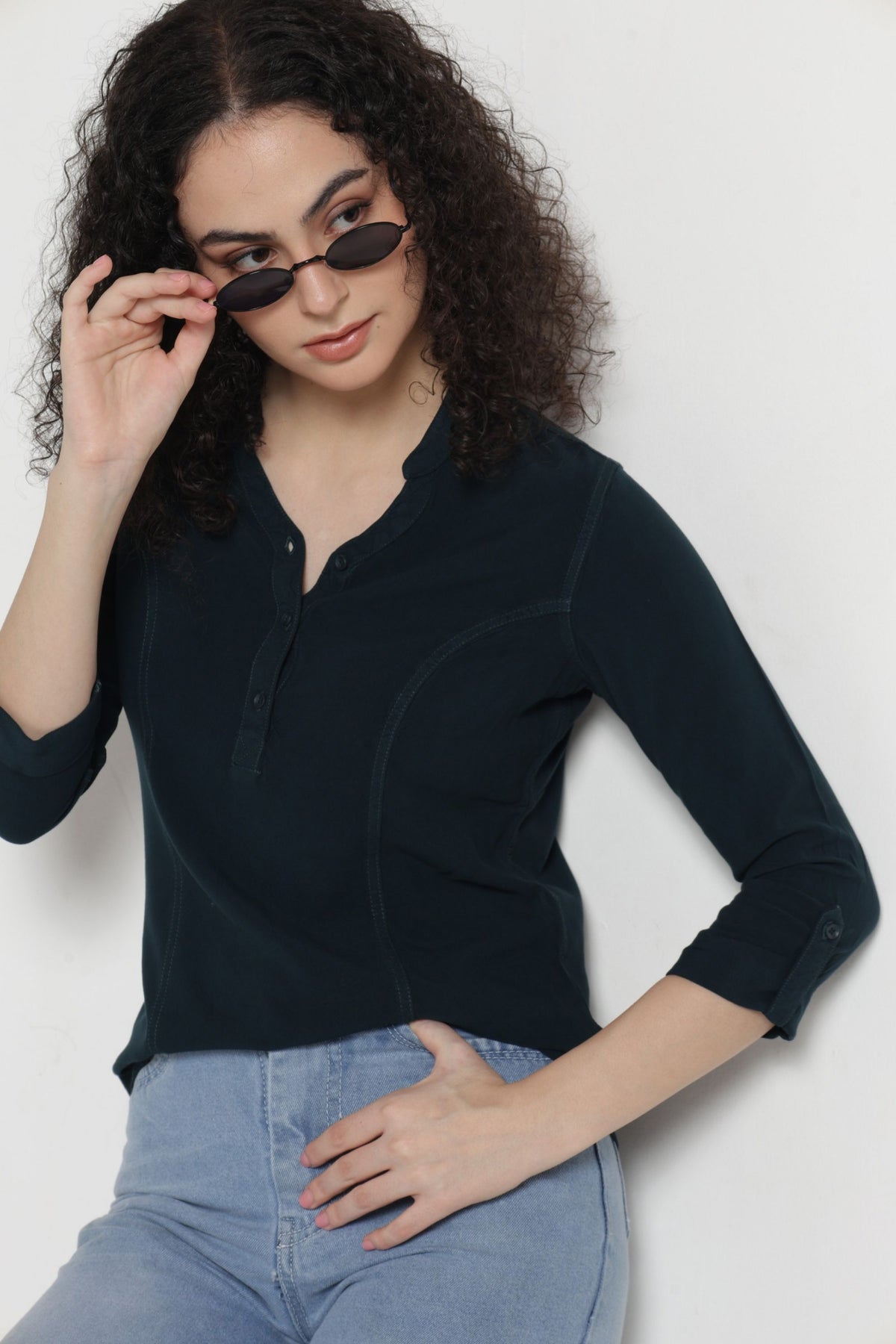 Women Solid Indo-Western Casual Shirt -Bottle green