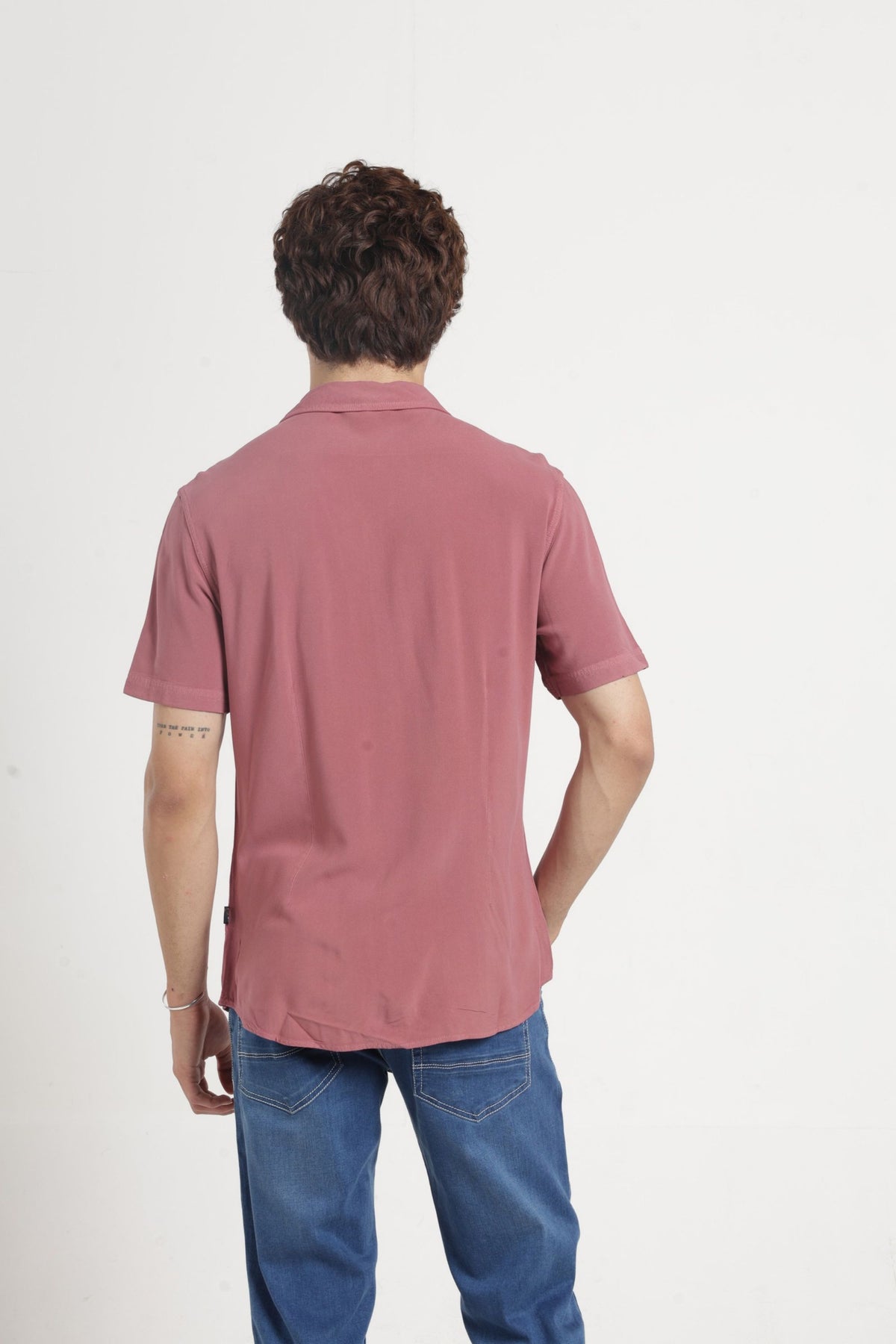 Cuban Collar Half sleeves Pintuck Flanking Solid Shirt In Peach