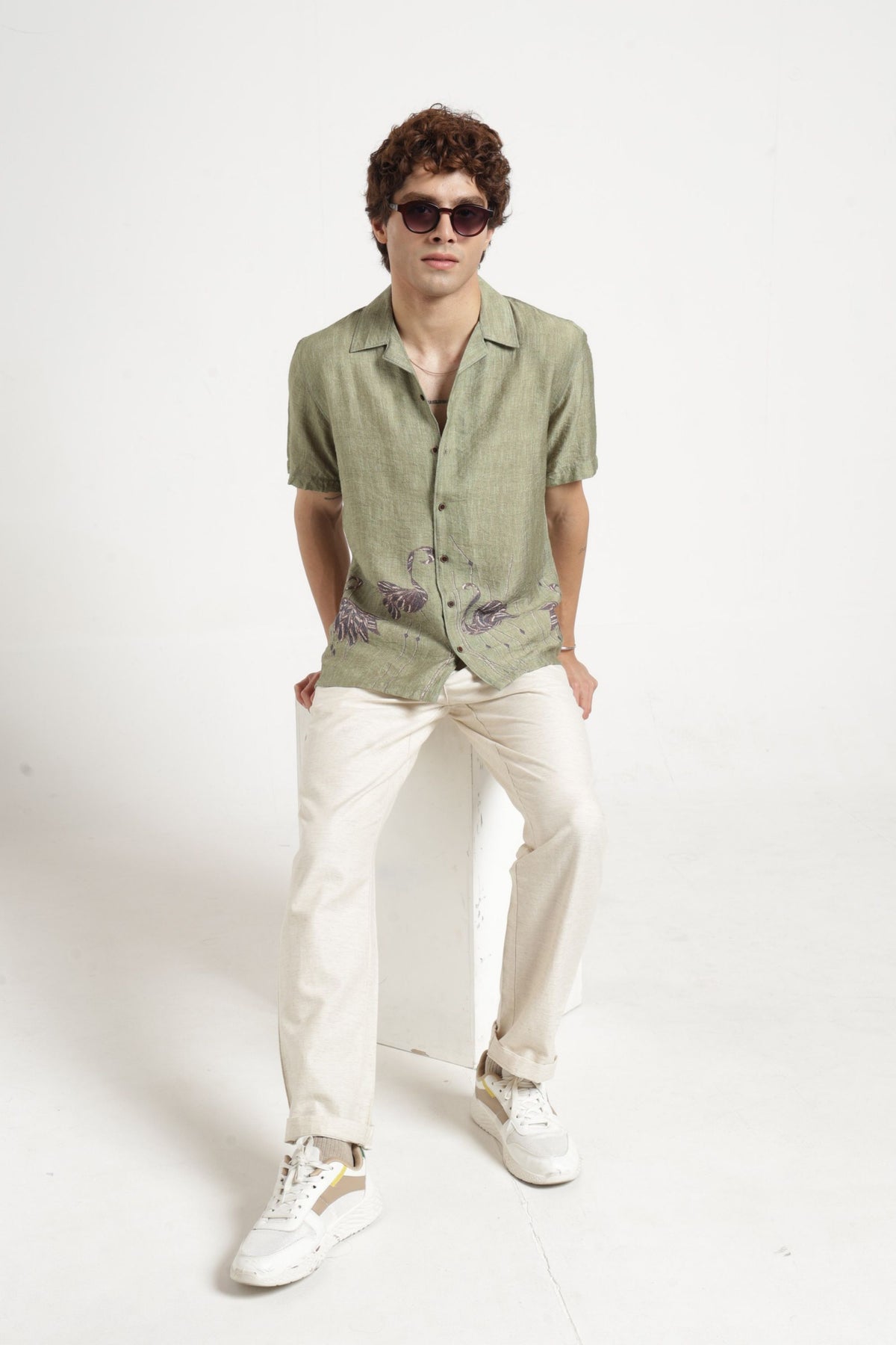 Swan Print Cuban Collar Shirt In Green