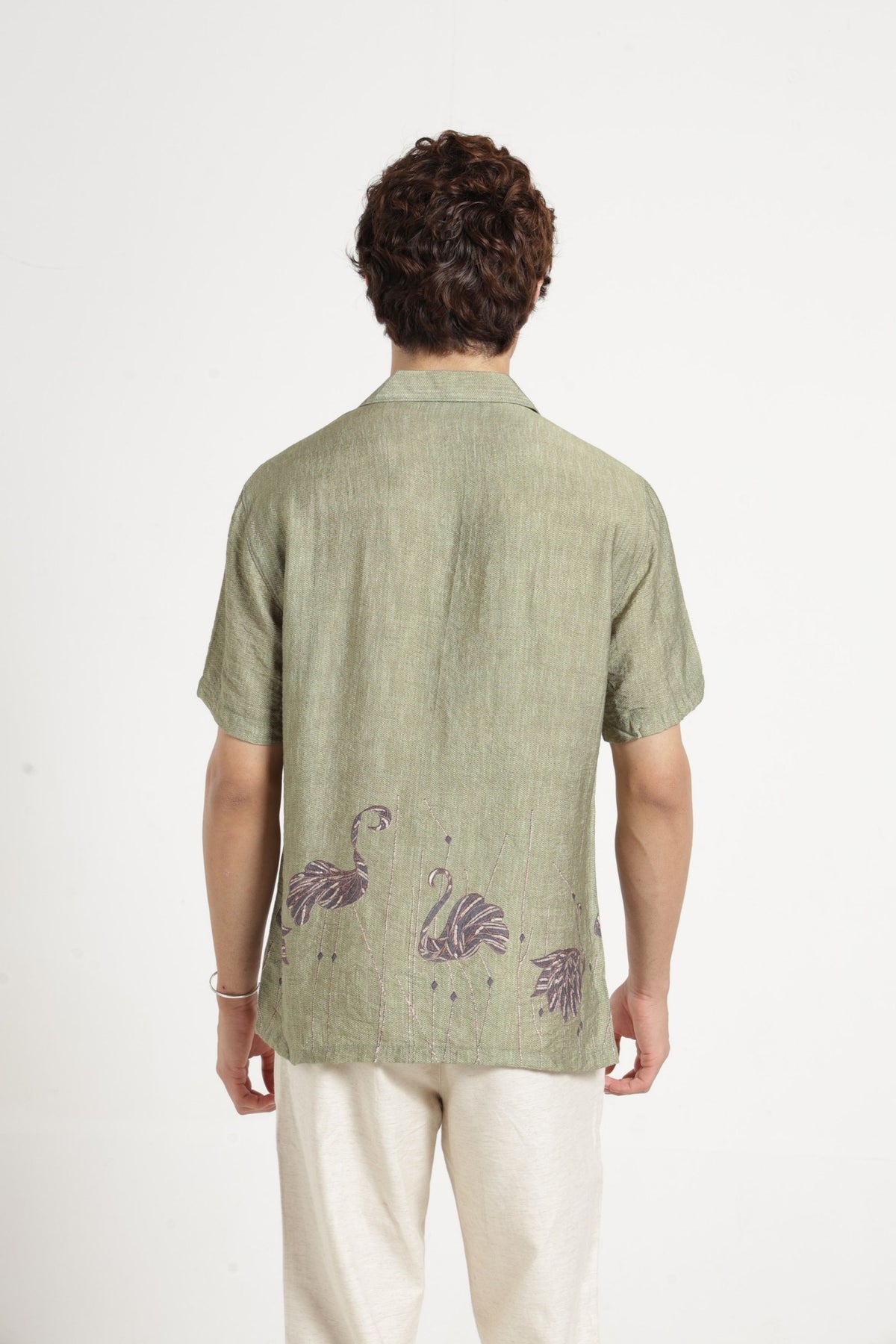 Swan Print Cuban Collar Shirt In Green