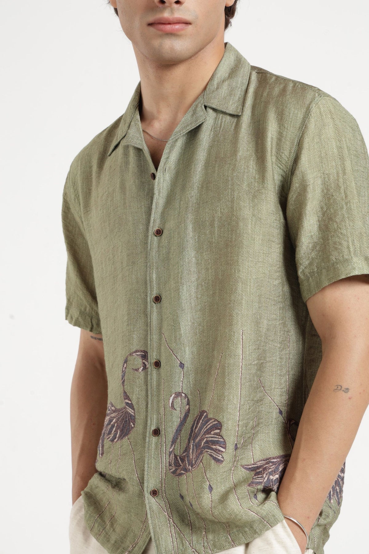 Swan Print Cuban Collar Shirt In Green