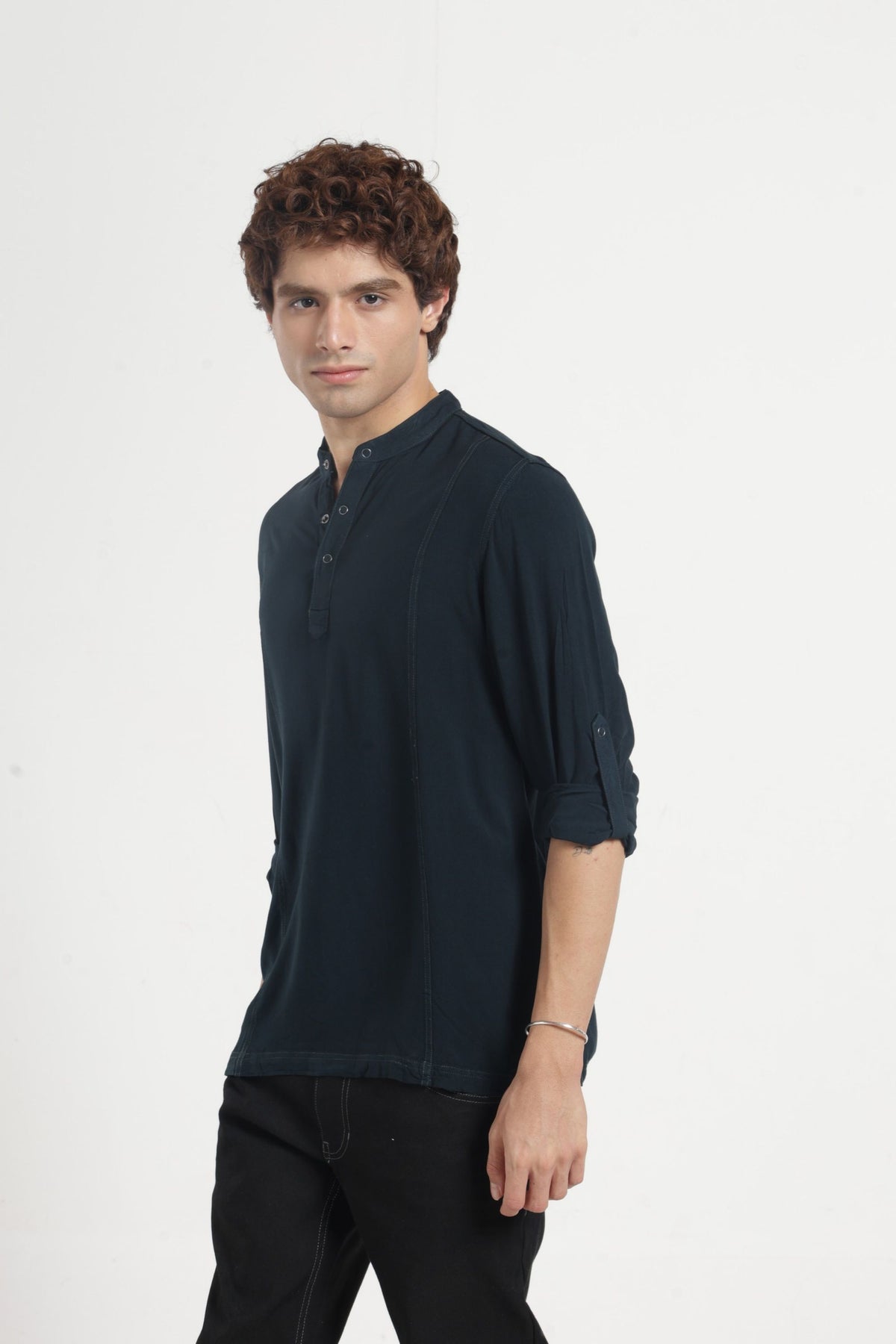 Mandarin Collar Half placket Solid Shirt/Kurta in Bottle green