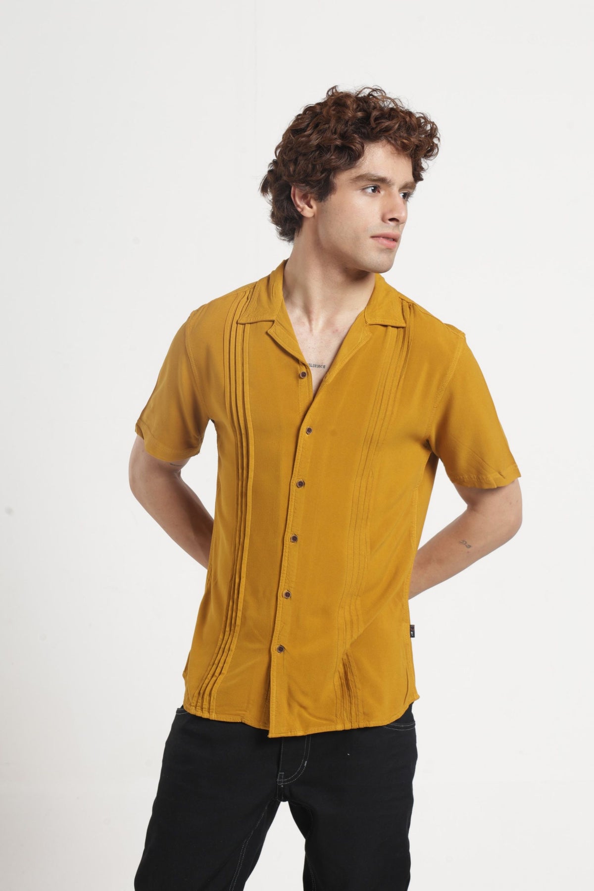 Cuban Collar Half sleeves Pintuck Flanking Solid Shirt In Mustard