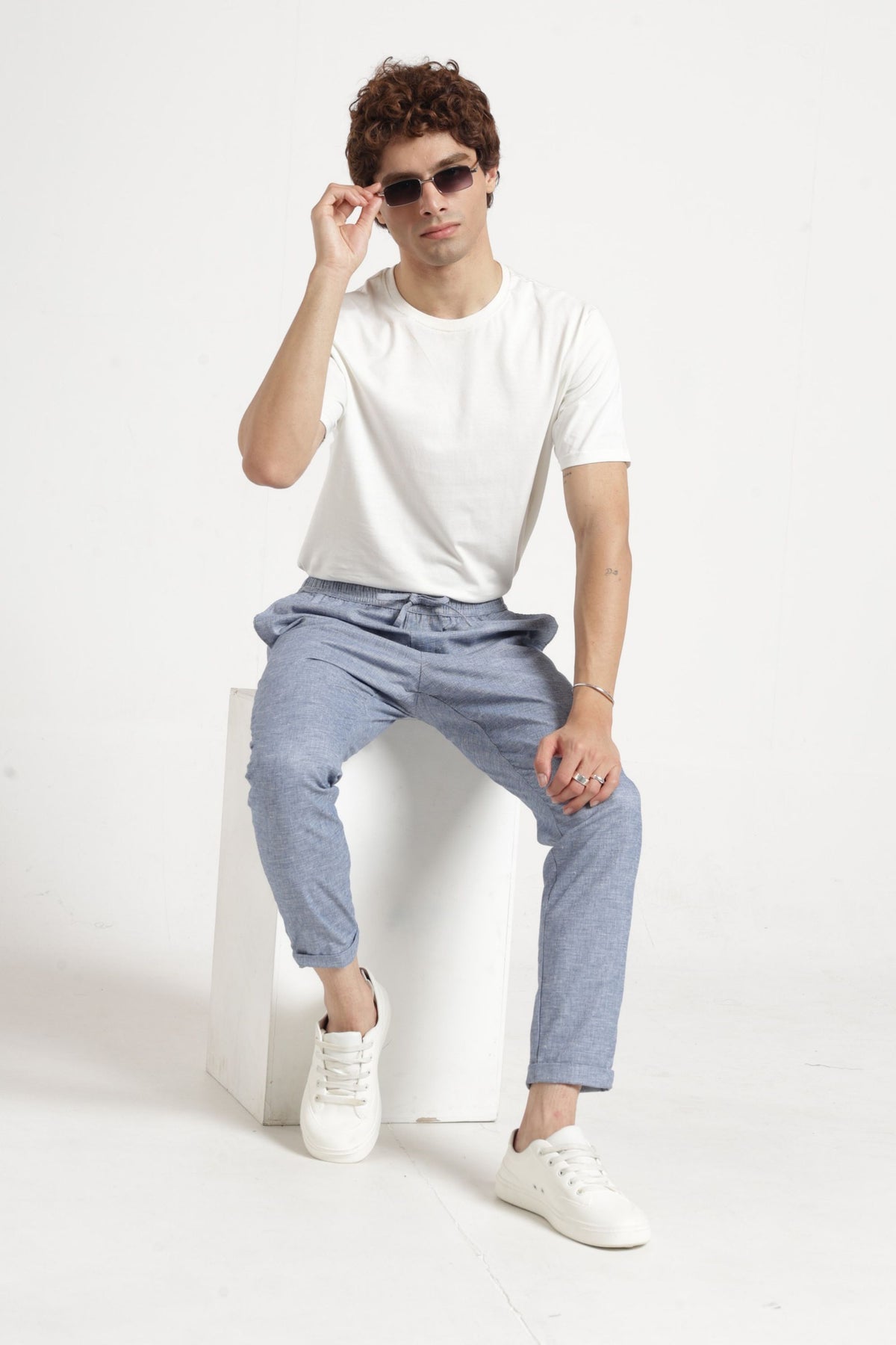 Relaxed Fit Non Denim Solid Trouser In Blue