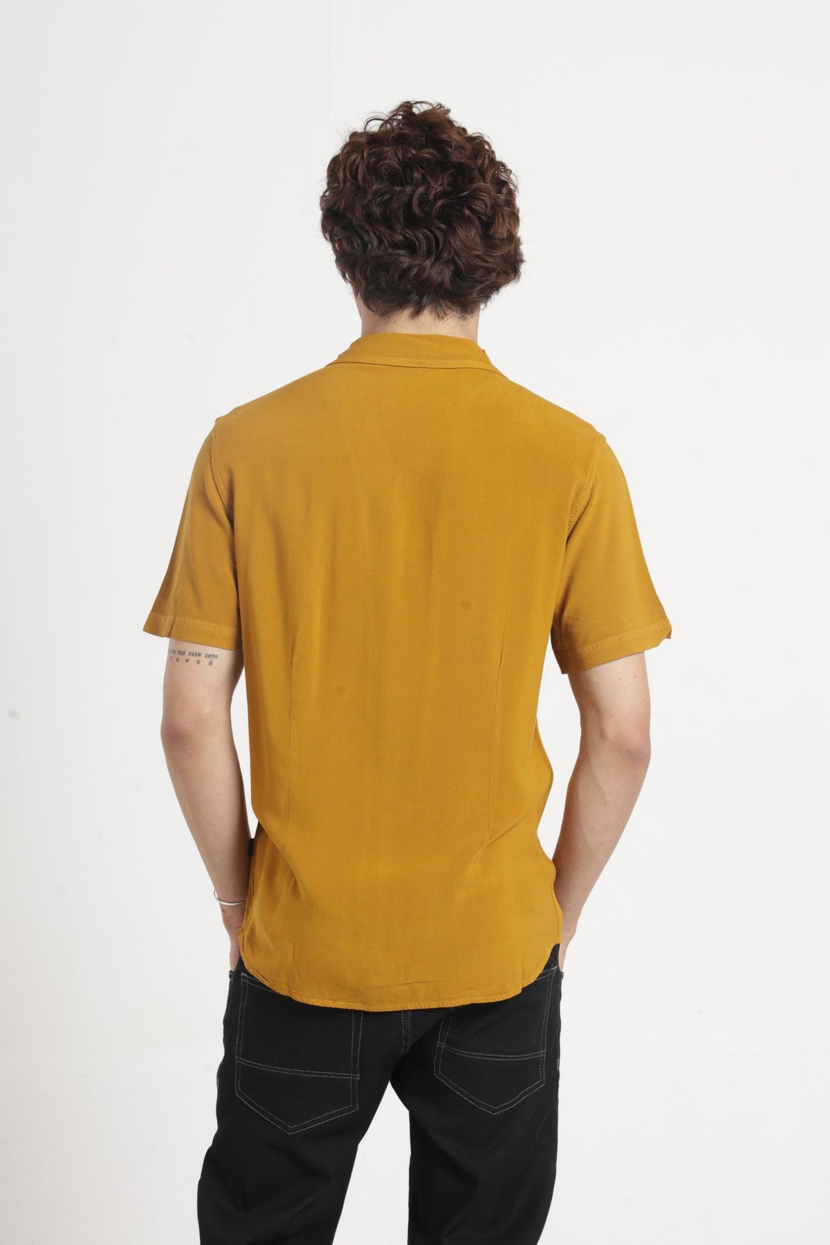Cuban Collar Half sleeves Pintuck Flanking Solid Shirt In Mustard