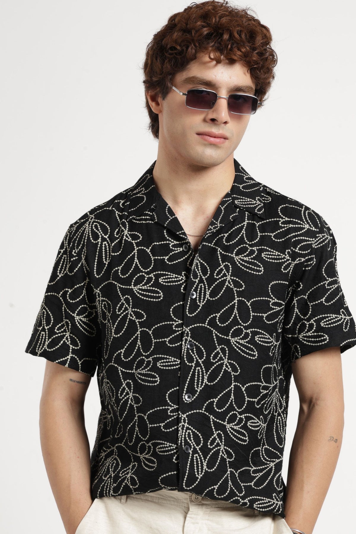 Abstract Print Cuban Collar Shirt In Black