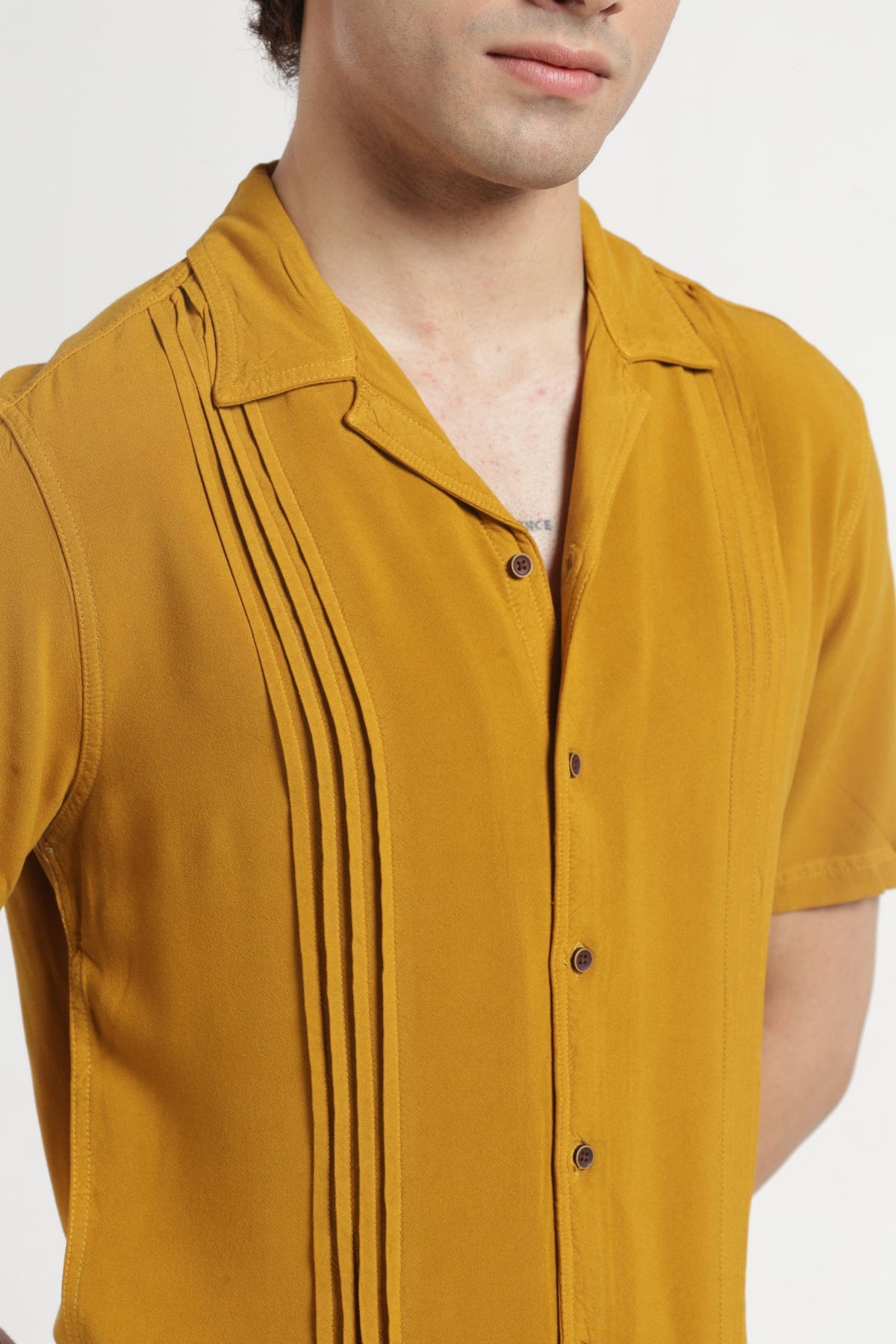 Cuban Collar Half sleeves Pintuck Flanking Solid Shirt In Mustard