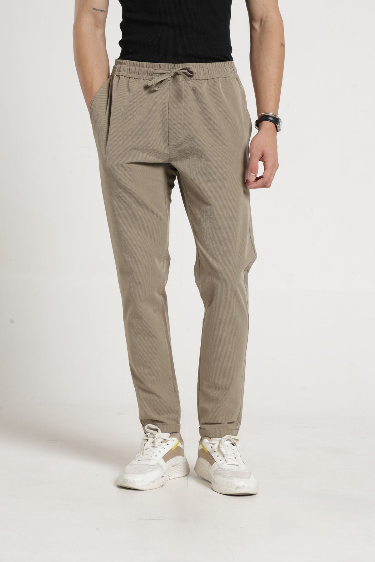 Non Denim Solid dobby Jogger In Khaki