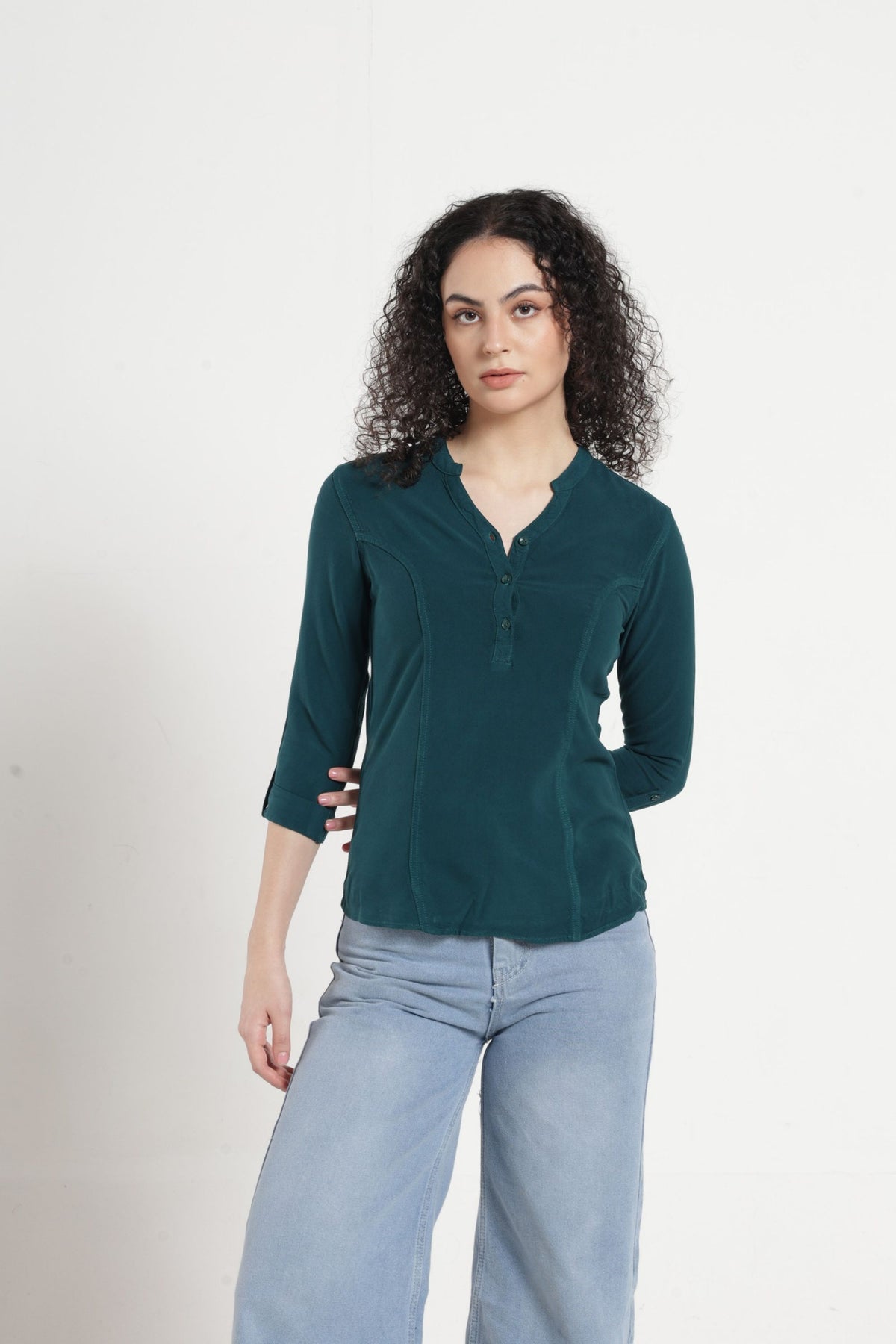 Women Solid Indo-Western Casual Shirt - Jungle green