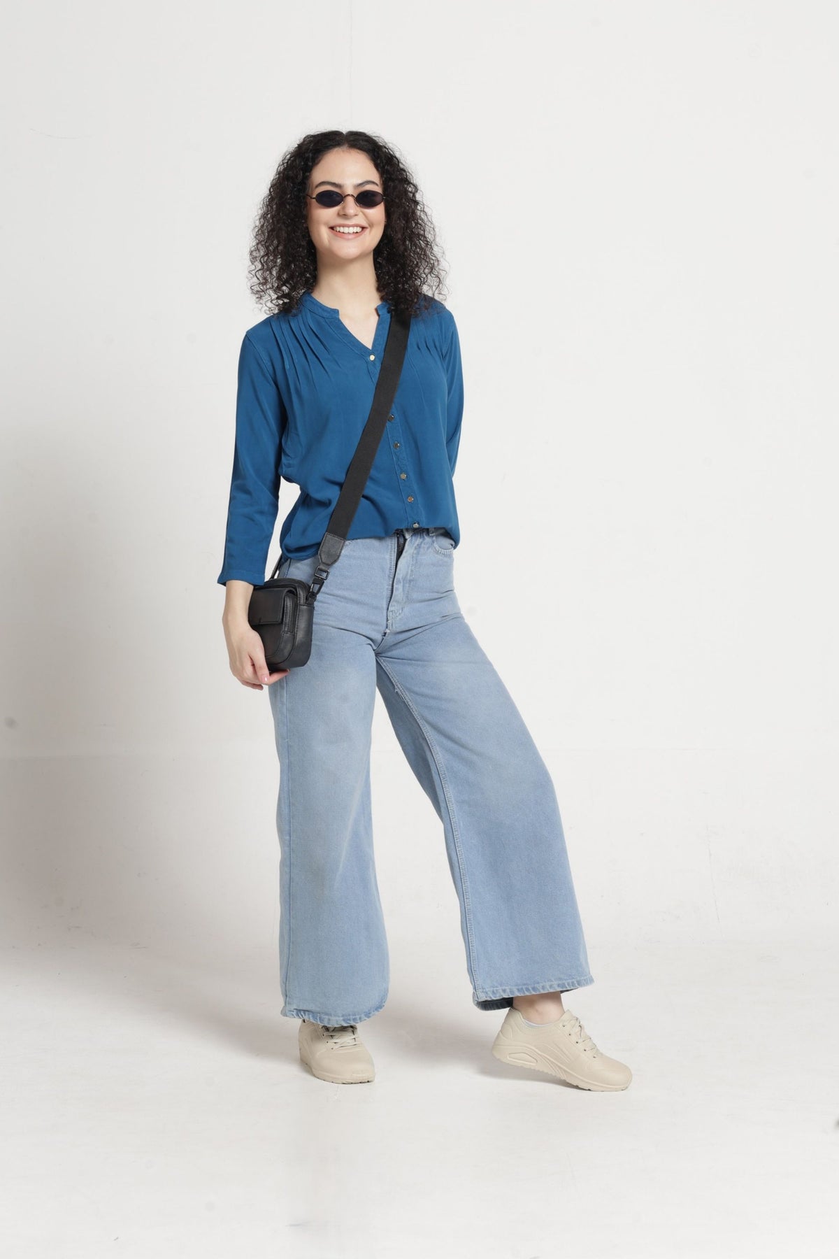 Women Solid Pintuck Indo-Western Shirt - Ocean blue