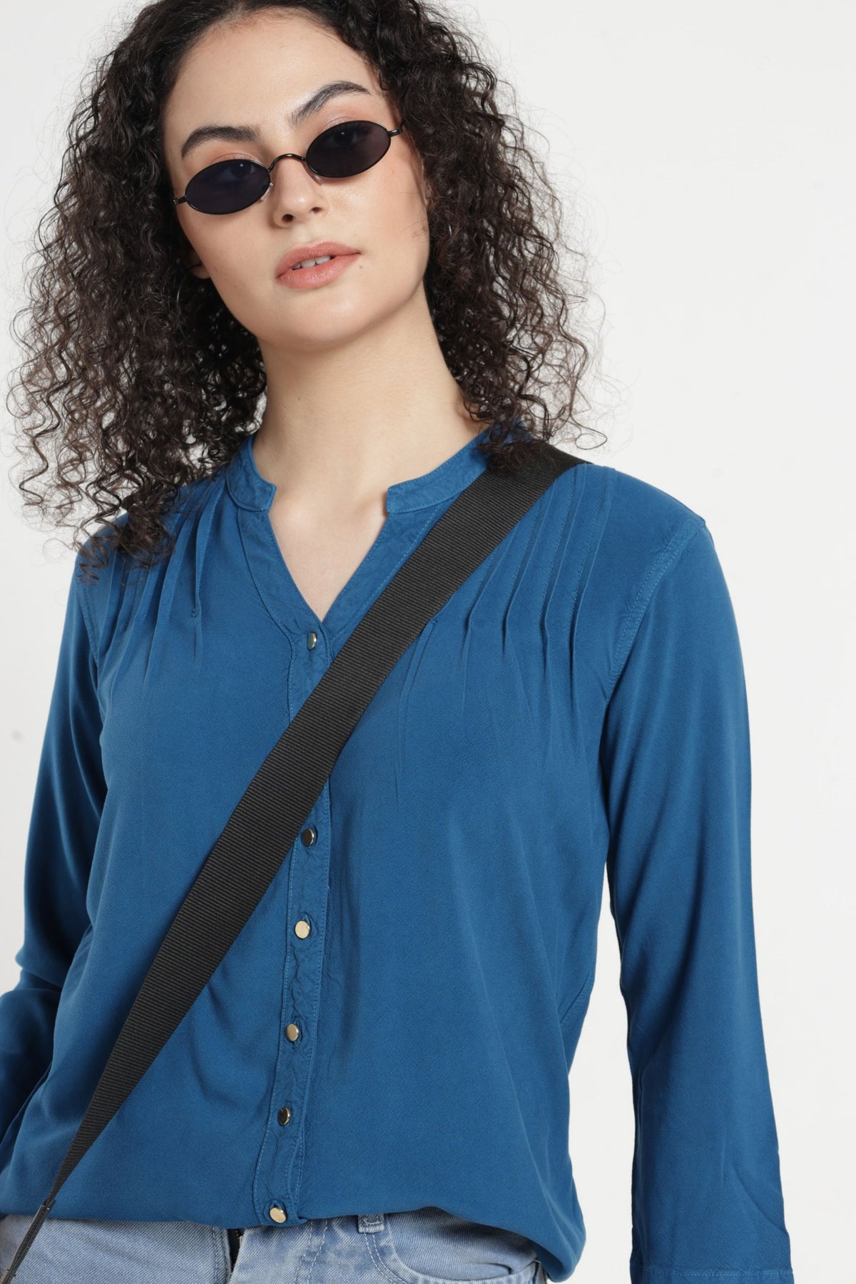 Women Solid Pintuck Indo-Western Shirt - Ocean blue