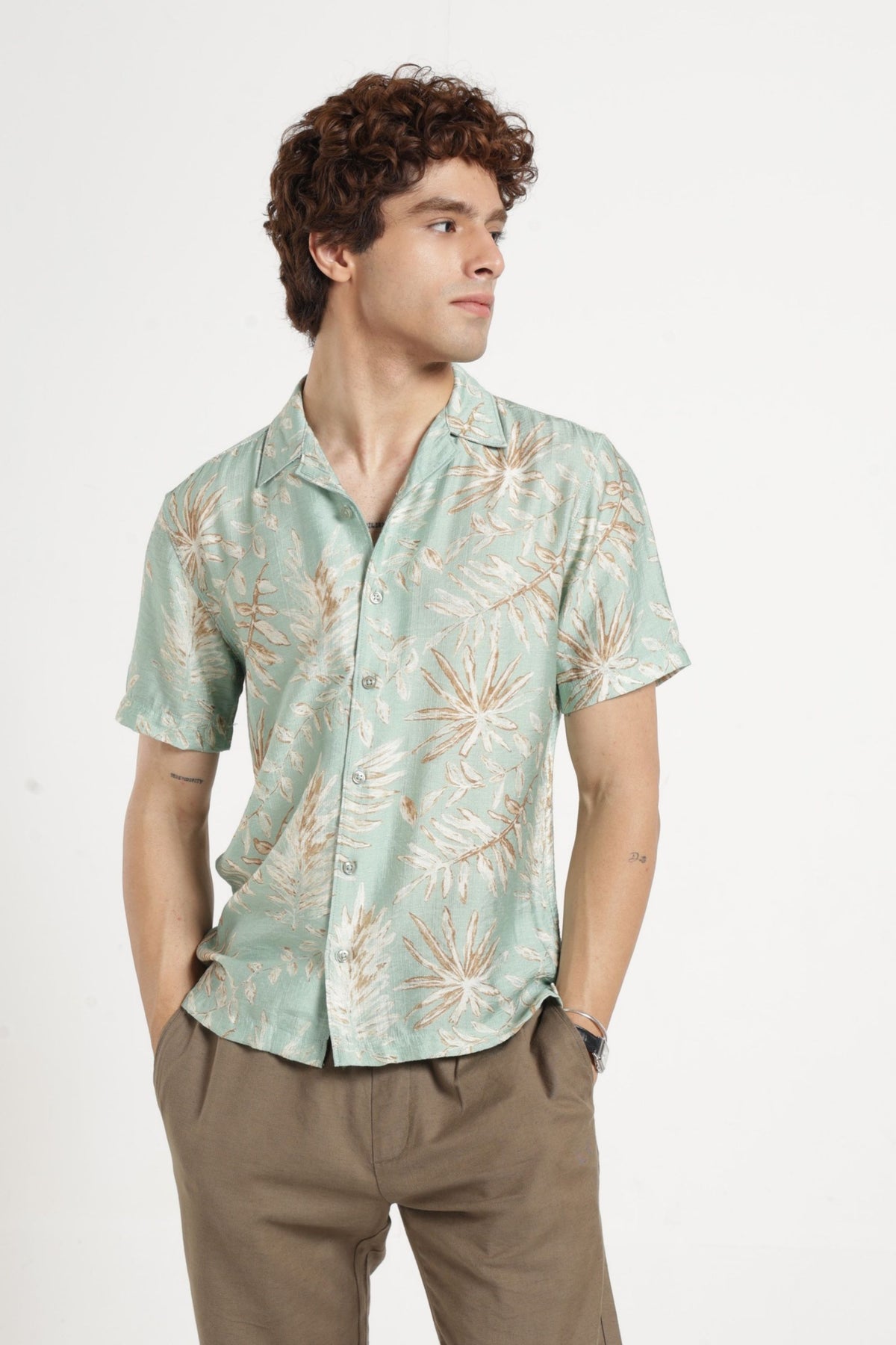 Abstract Print Cuban Collar Shirt In Mint