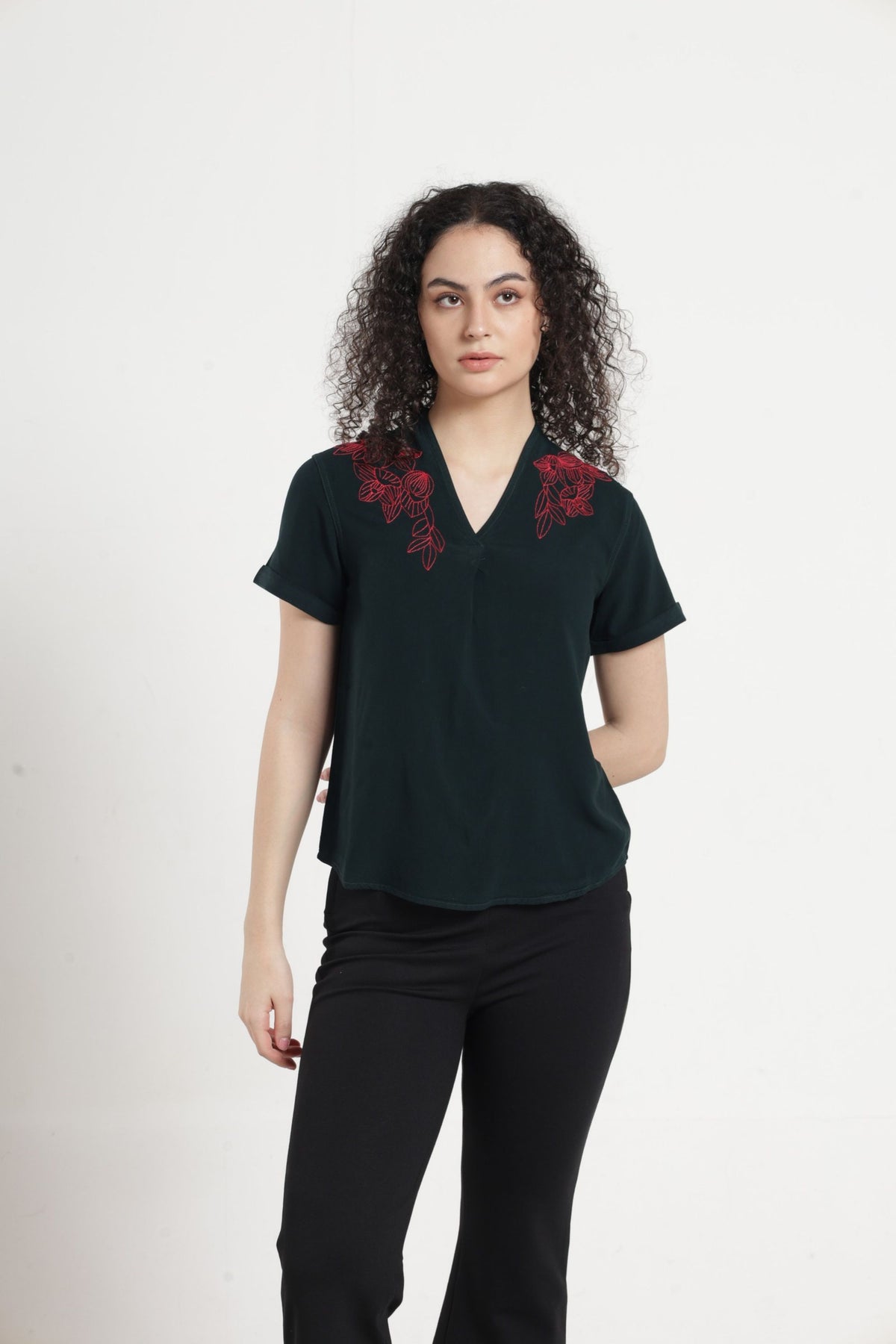Women Solid Embroidered Indo-Western Tunic - Green