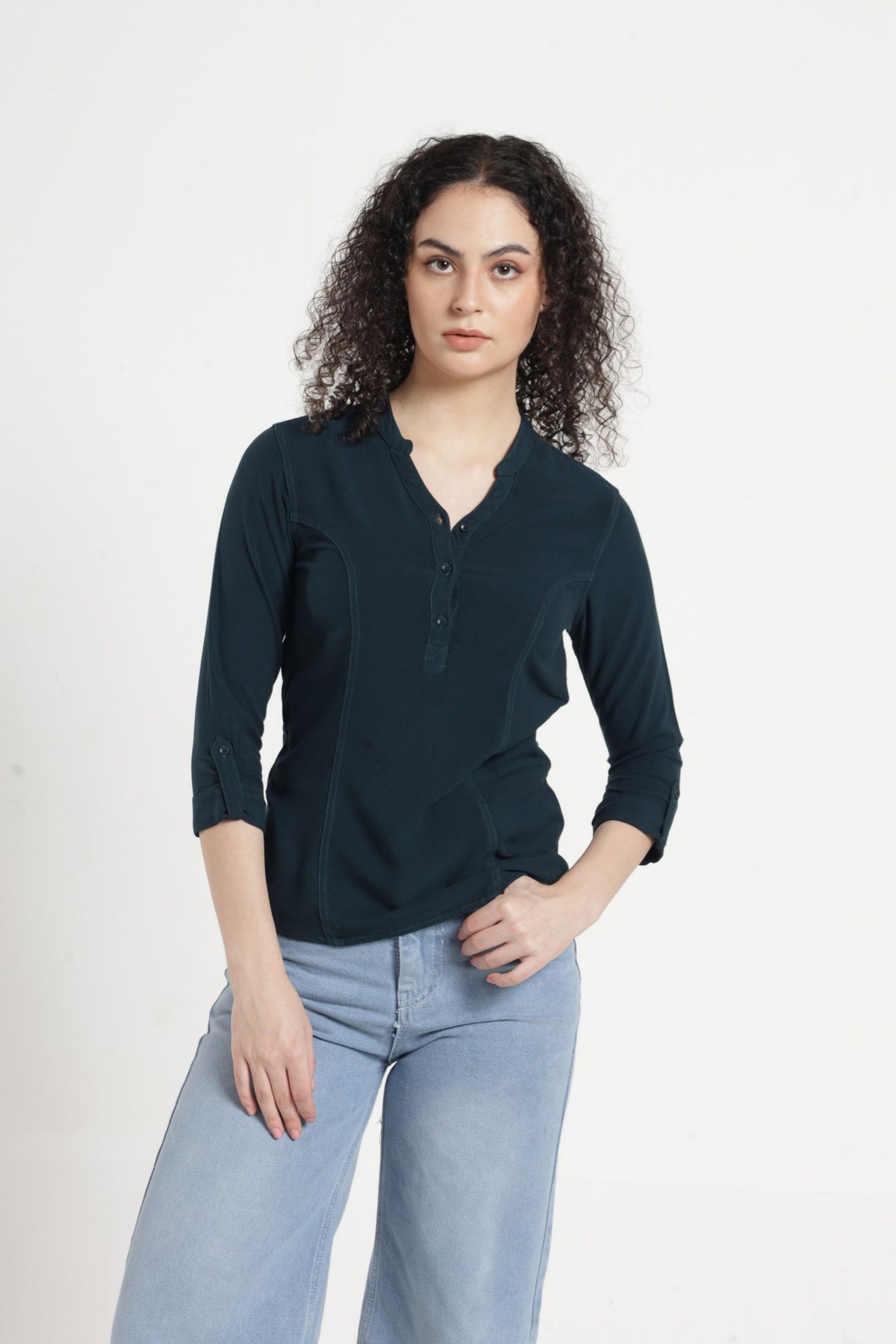 Women Solid Indo-Western Casual Shirt -Bottle green