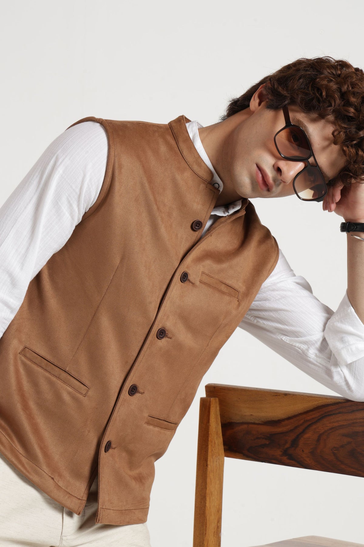 Mandarin Collar Suede Nehru Jacket In Khaki