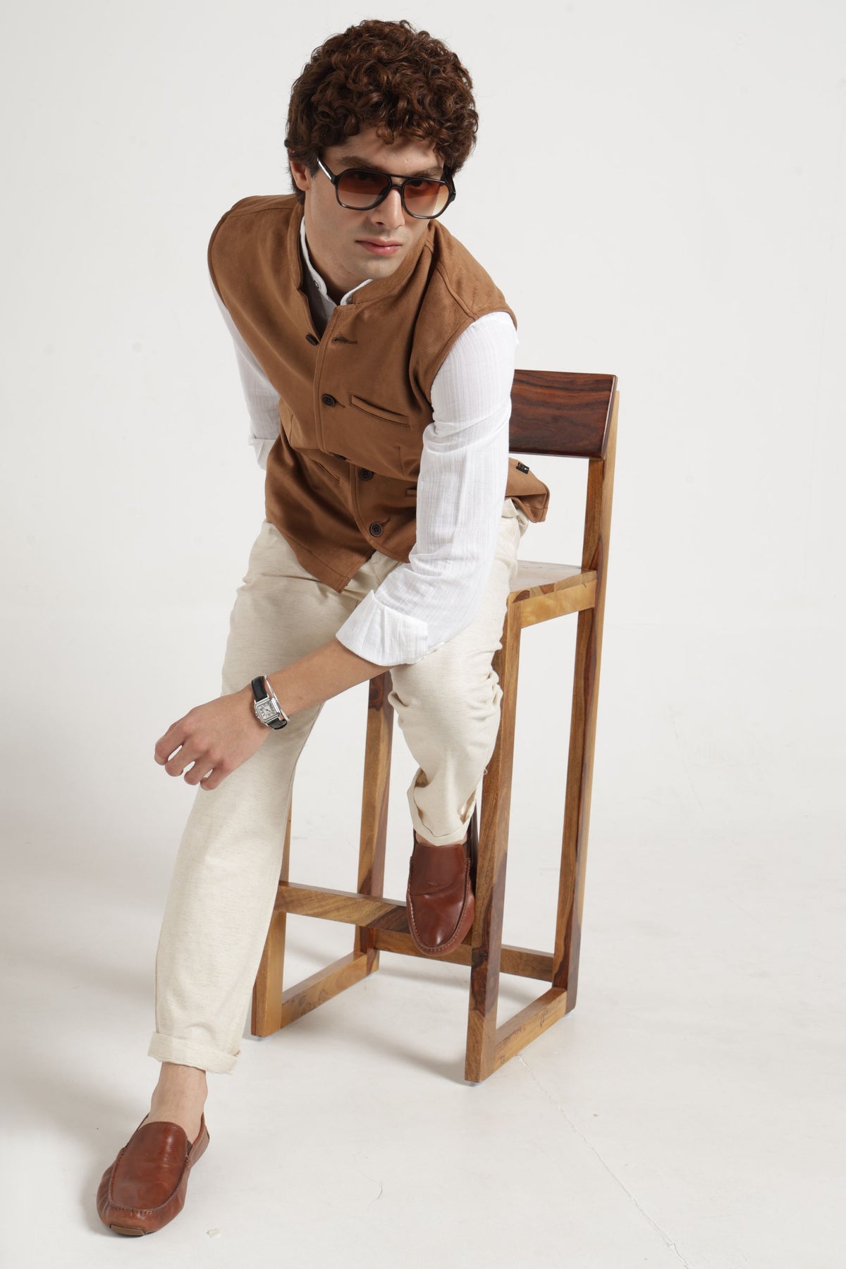 Mandarin Collar Suede Nehru Jacket In Khaki