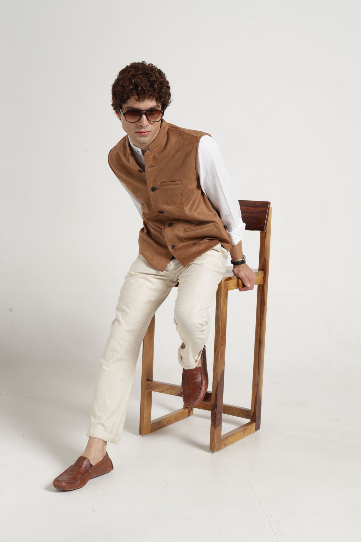 Mandarin Collar Suede Nehru Jacket In Khaki
