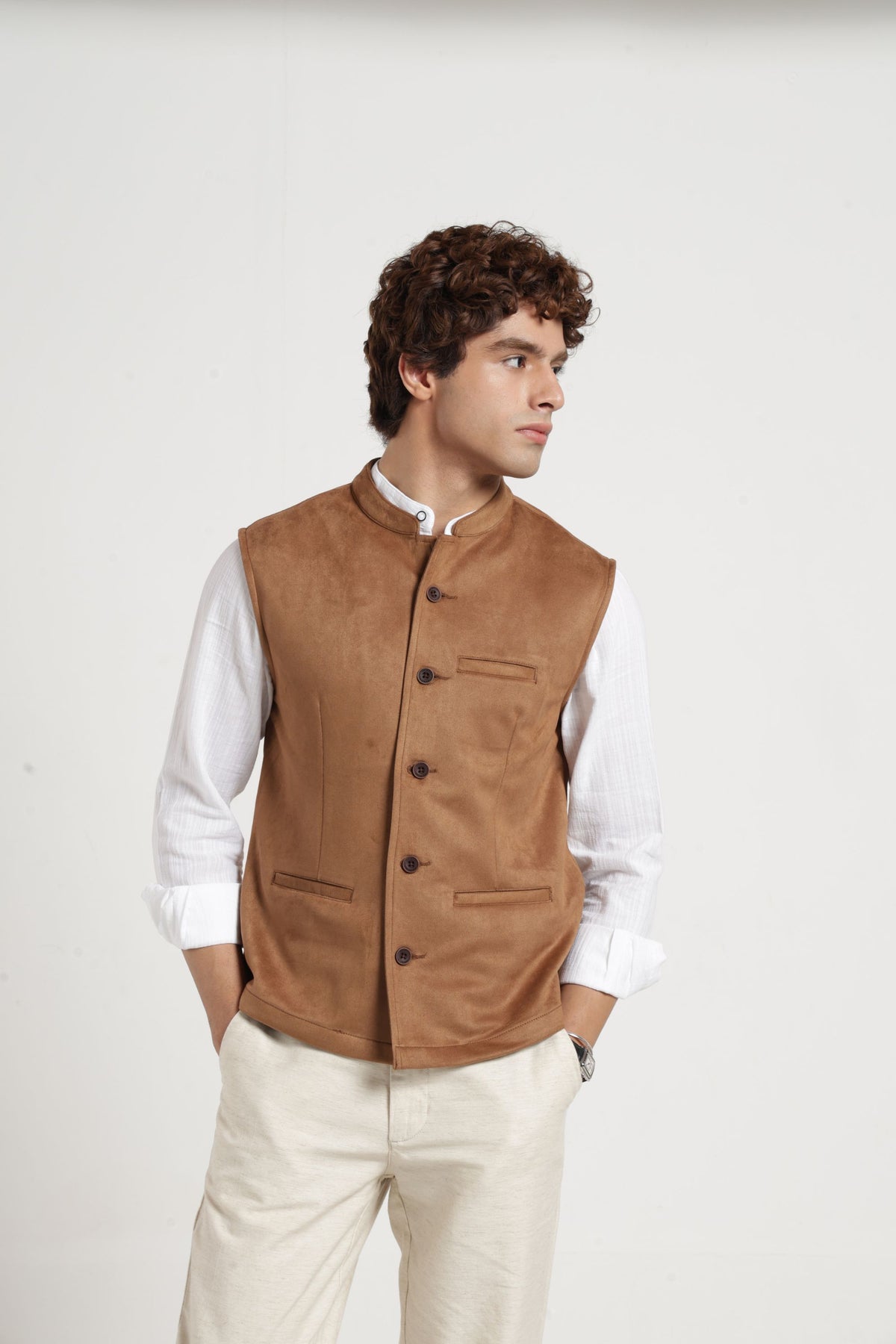 Mandarin Collar Suede Nehru Jacket In Khaki