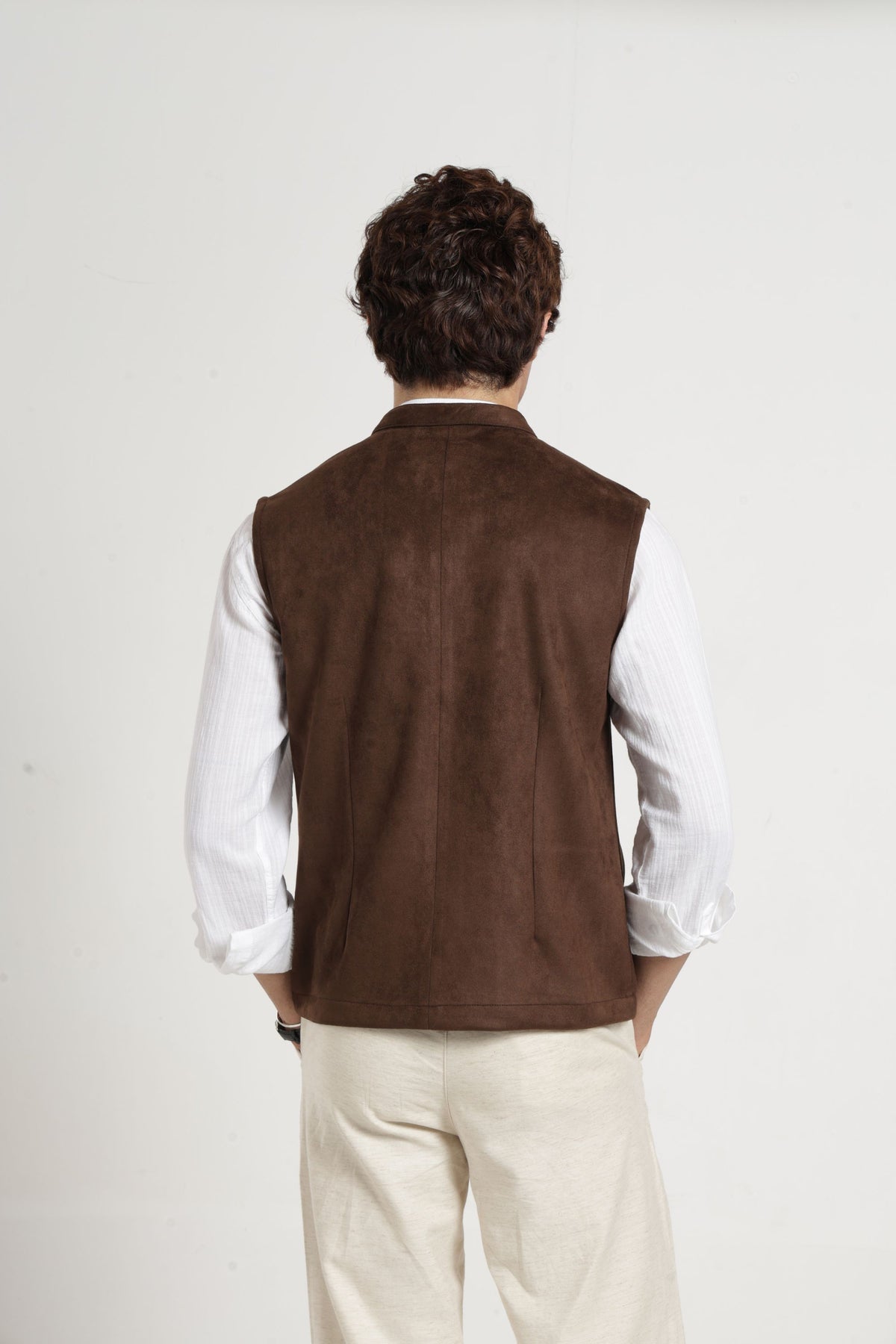 Mandarin Collar Suede Nehru Jacket In Brown