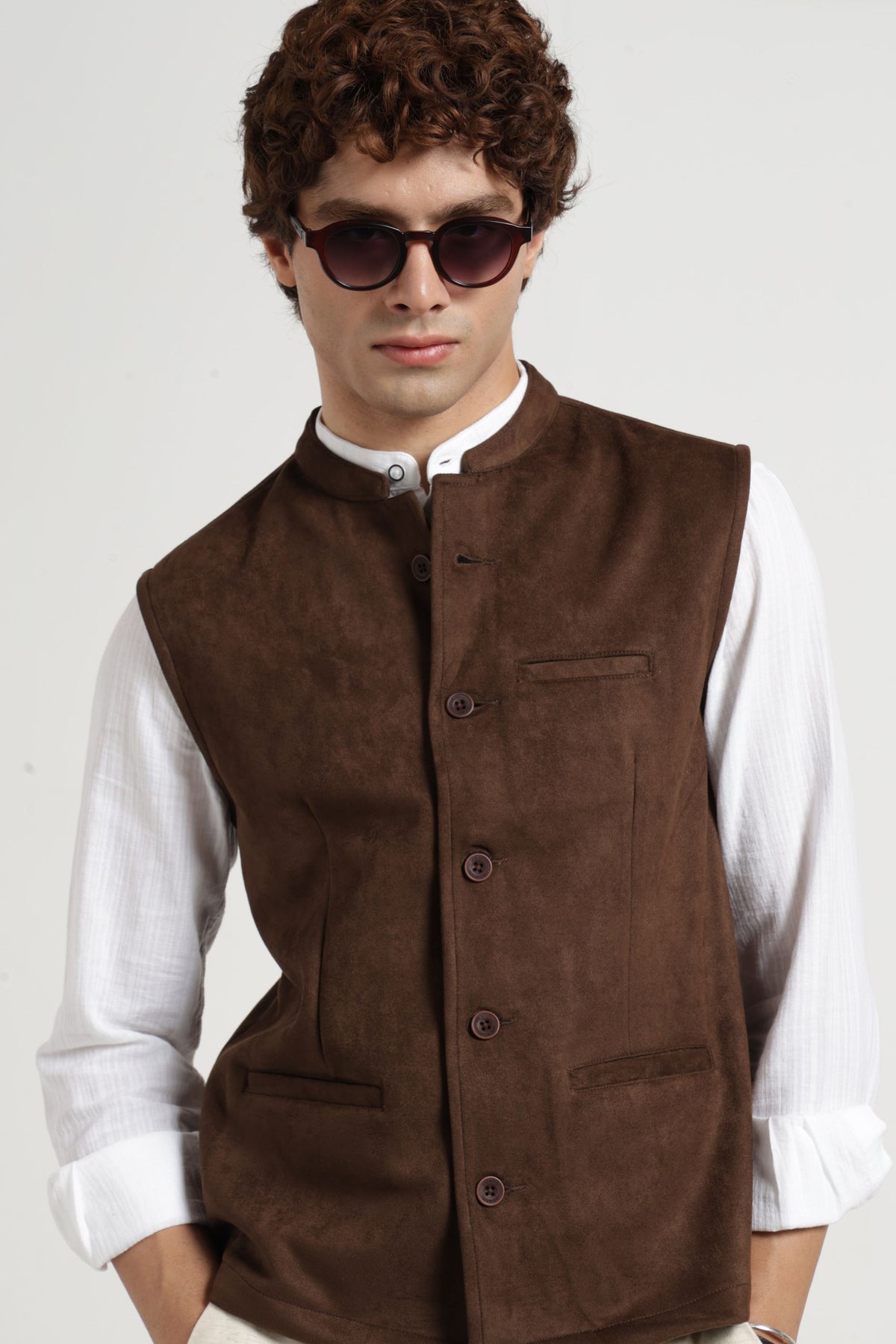 Mandarin Collar Suede Nehru Jacket In Brown