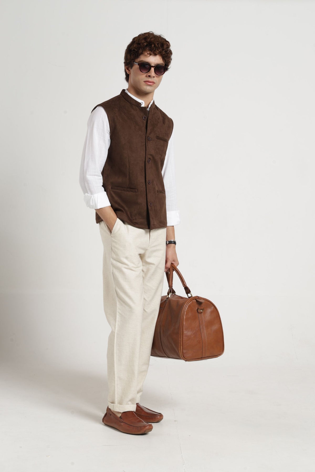 Mandarin Collar Suede Nehru Jacket In Brown