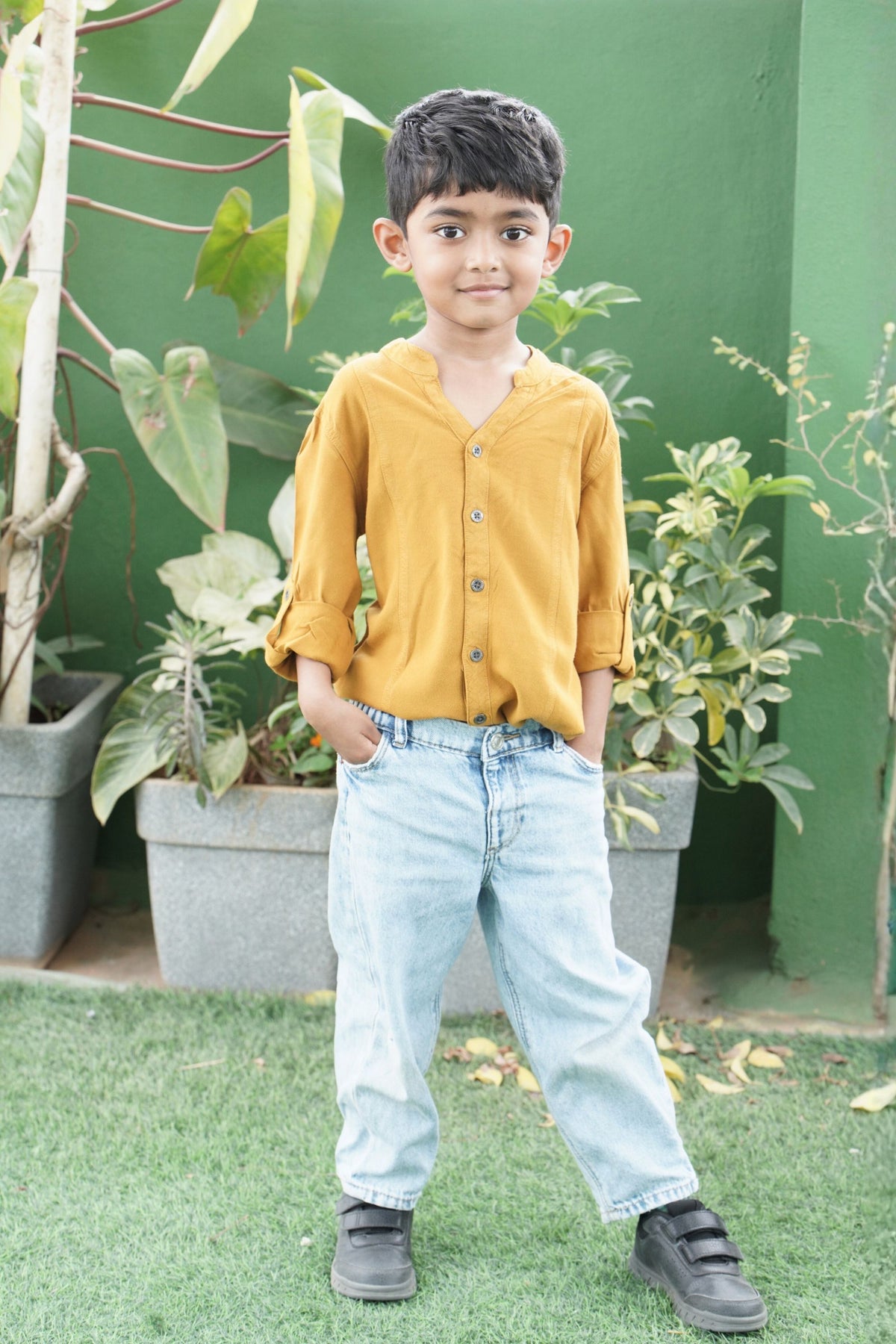IDENTITI Boys Slim Fit Mandarin Collar Solid Shirt In Mustard.