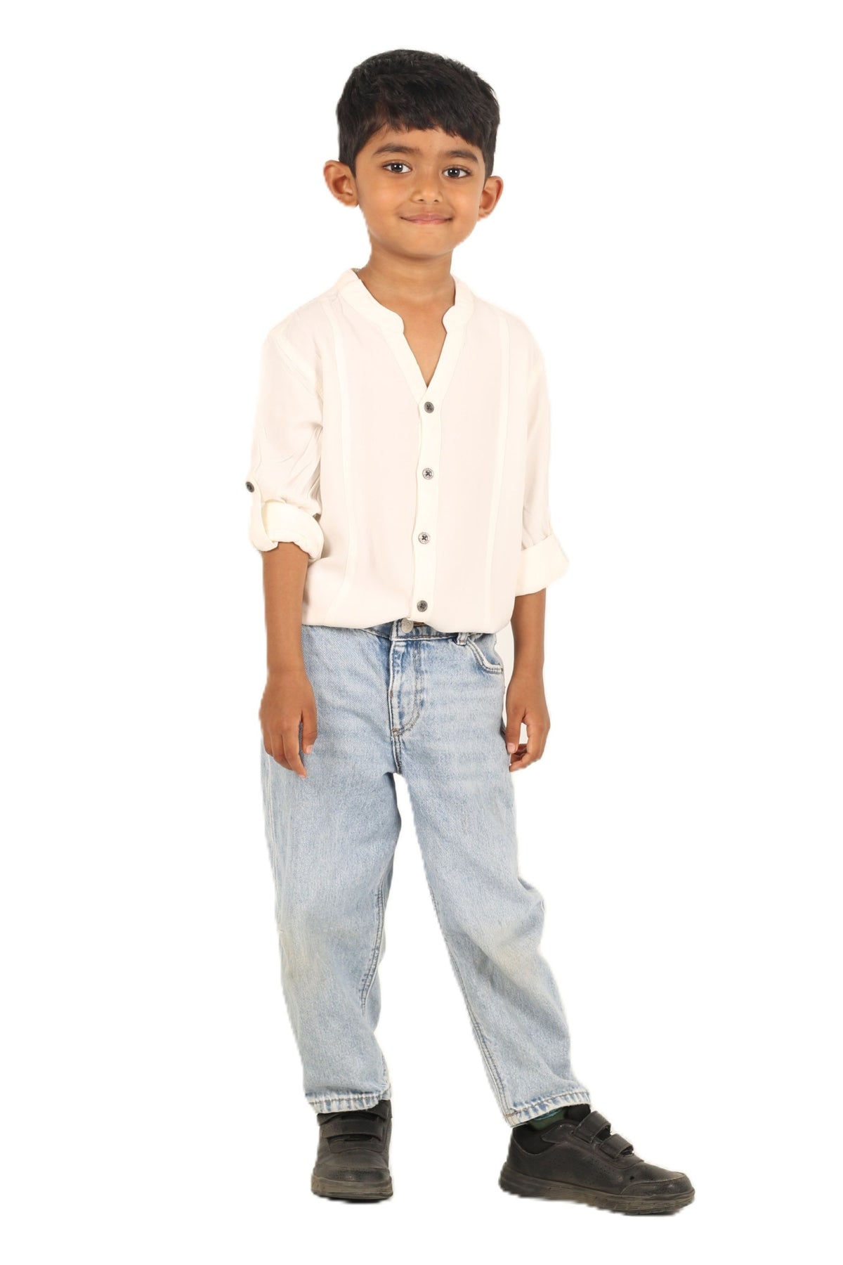 IDENTITI Boys Slim Fit Mandarin Collar Solid Shirt In White.