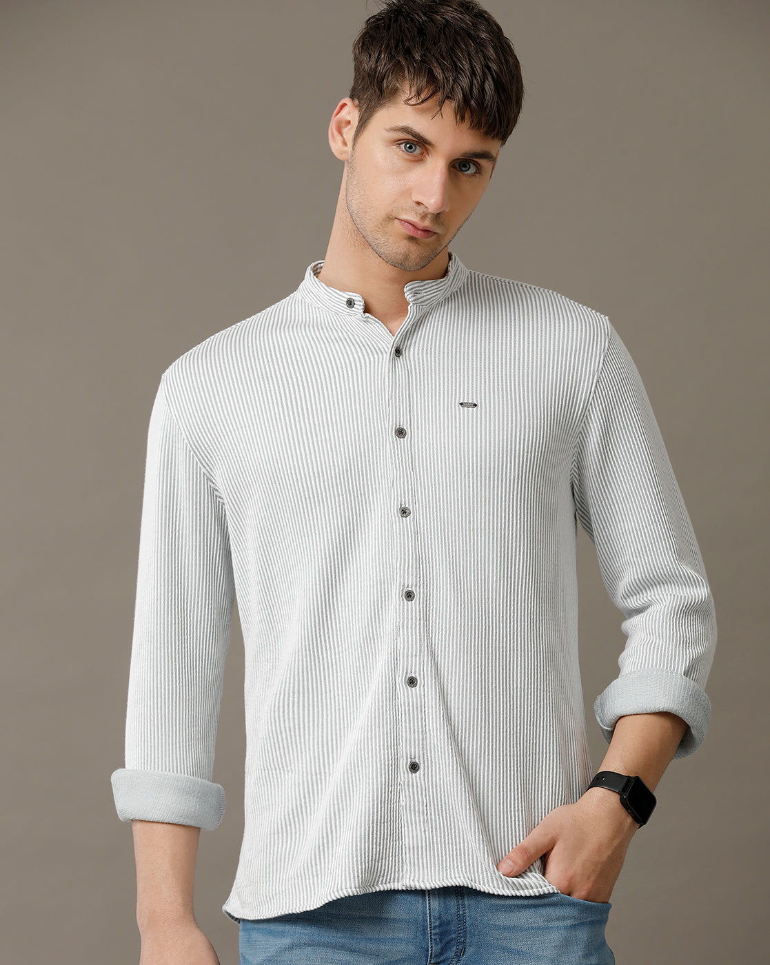 IDENTITI Men Slim Fit Mandarin Collar Stripe Shirt In Grey.