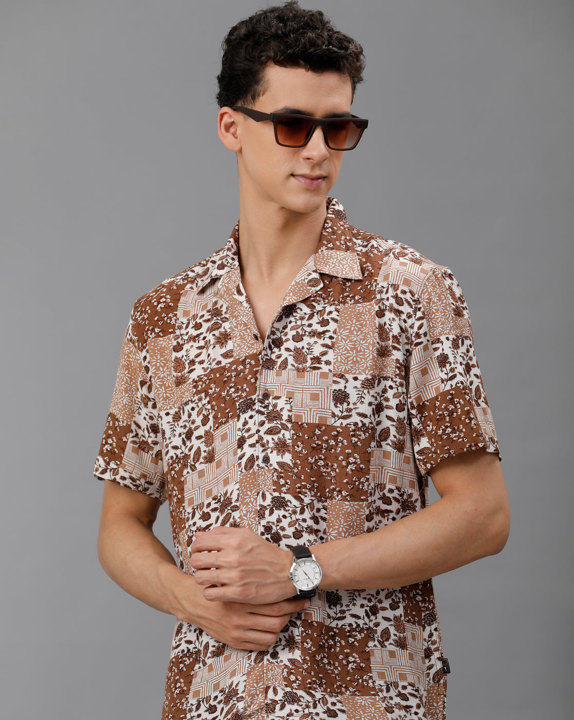 IDENTITI Men Slim Fit Cuban Collar Printed Shirt In Brown.