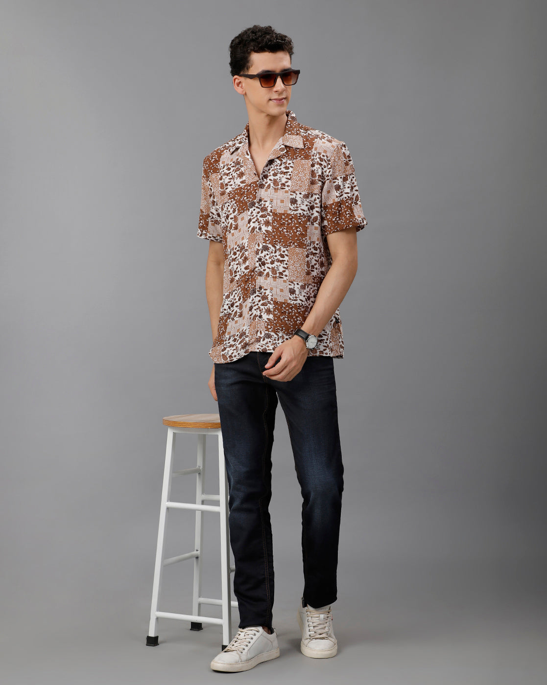 IDENTITI Men Slim Fit Cuban Collar Printed Shirt In Brown.