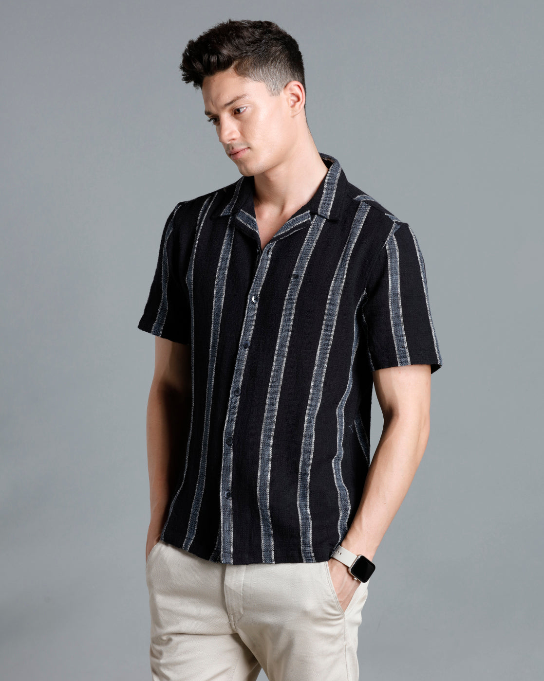 IDENTITI Men Slim Fit Lapel Collar Striped Shirt In Black