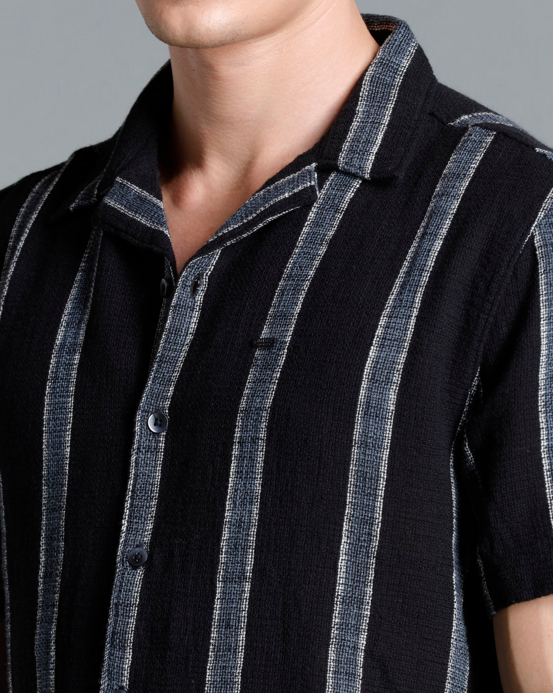 IDENTITI Men Slim Fit Lapel Collar Striped Shirt In Black